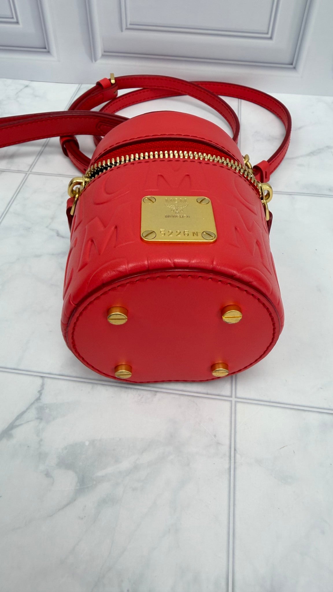 MCM Dark Coral Embossed Leather 2way Cylinder Bag
