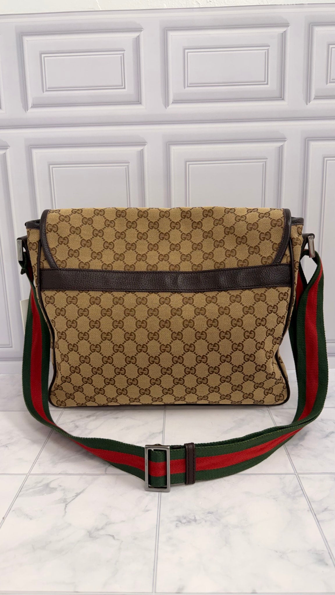 Gucci Monogram Canvas GG Web Flap Messenger Bag