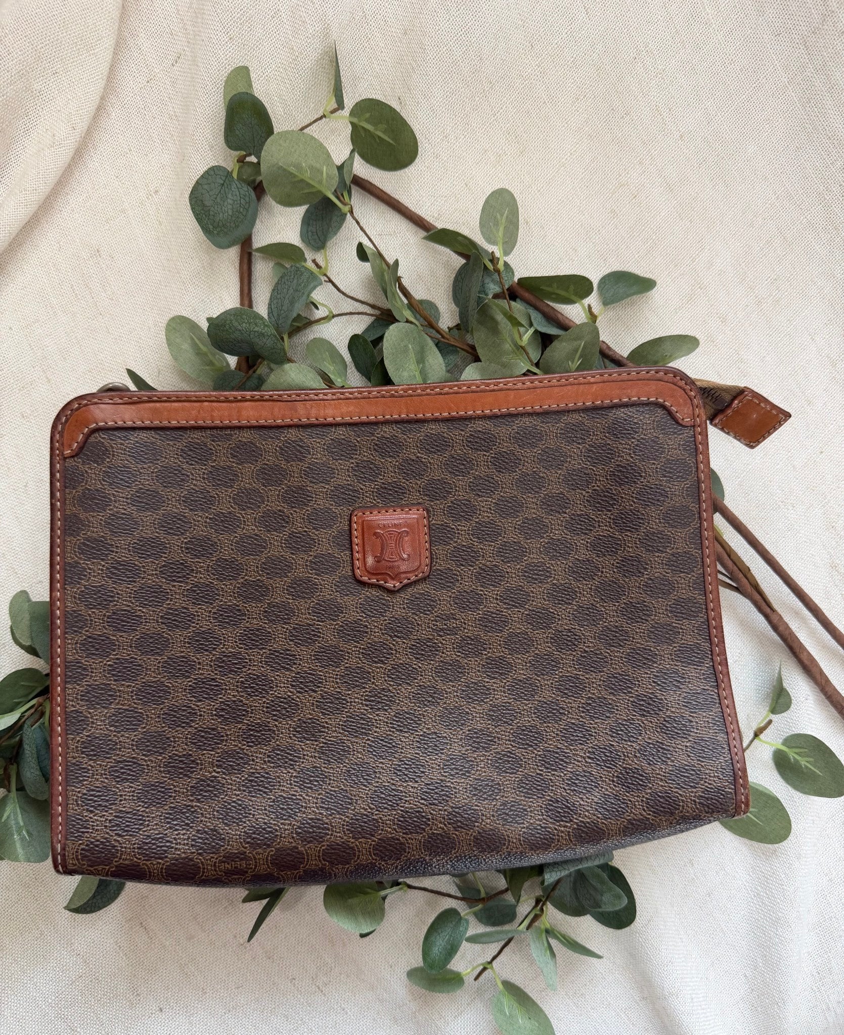 Celine Brown Coated Canvas Macadam Clutch Travel Bag