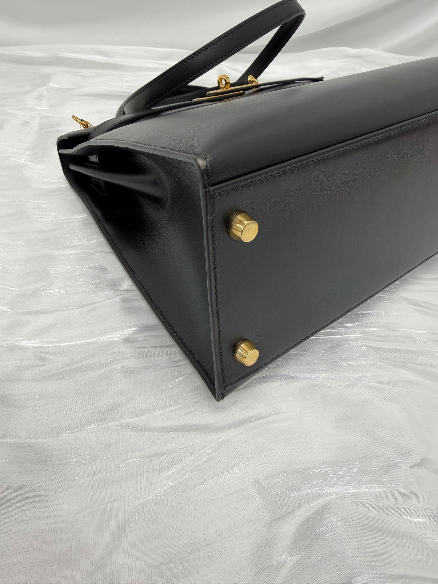 Hermes Black Box Leather Sellier Kelly 32 Handbag