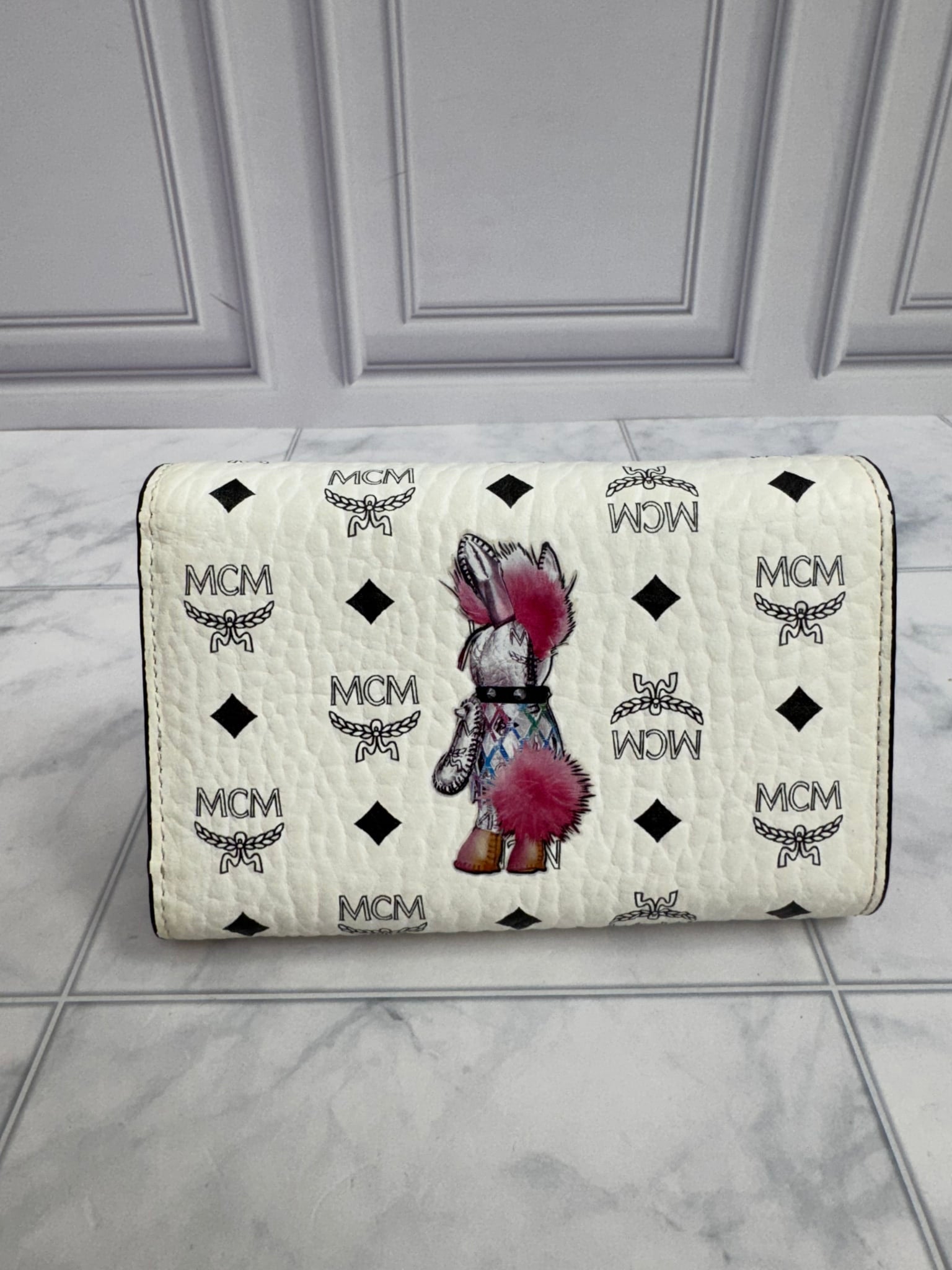 MCM White Visetos Monogram Rabbit Trifold Wallet