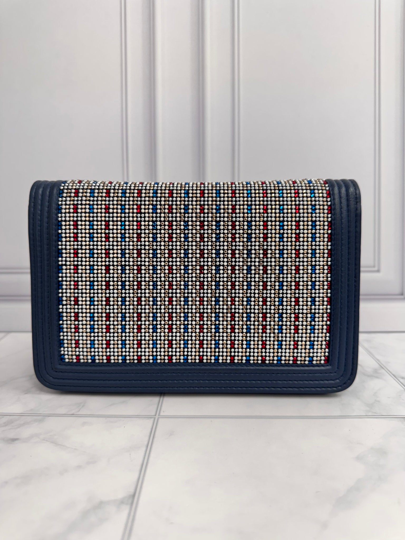 Chanel Blue Embellished Strass Boy Wallet On A Chain
