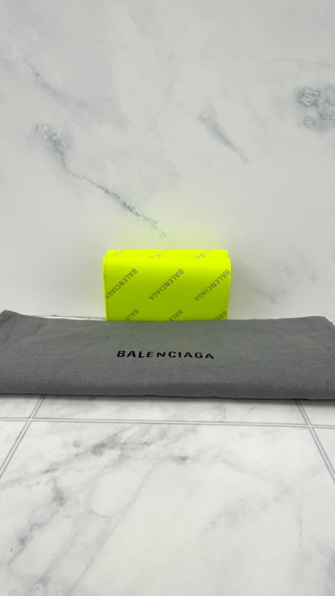 Balenciaga Neon Yellow Leather Trifold Compact Wallet