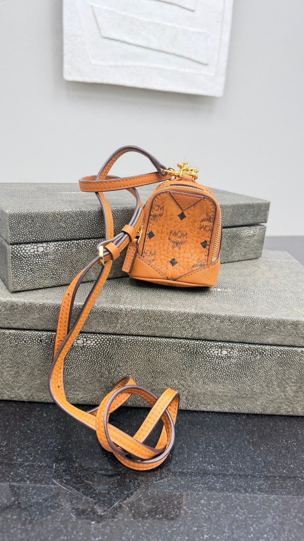 MCM Congac Visetos Coated Canvas Crossbody Bag Charm