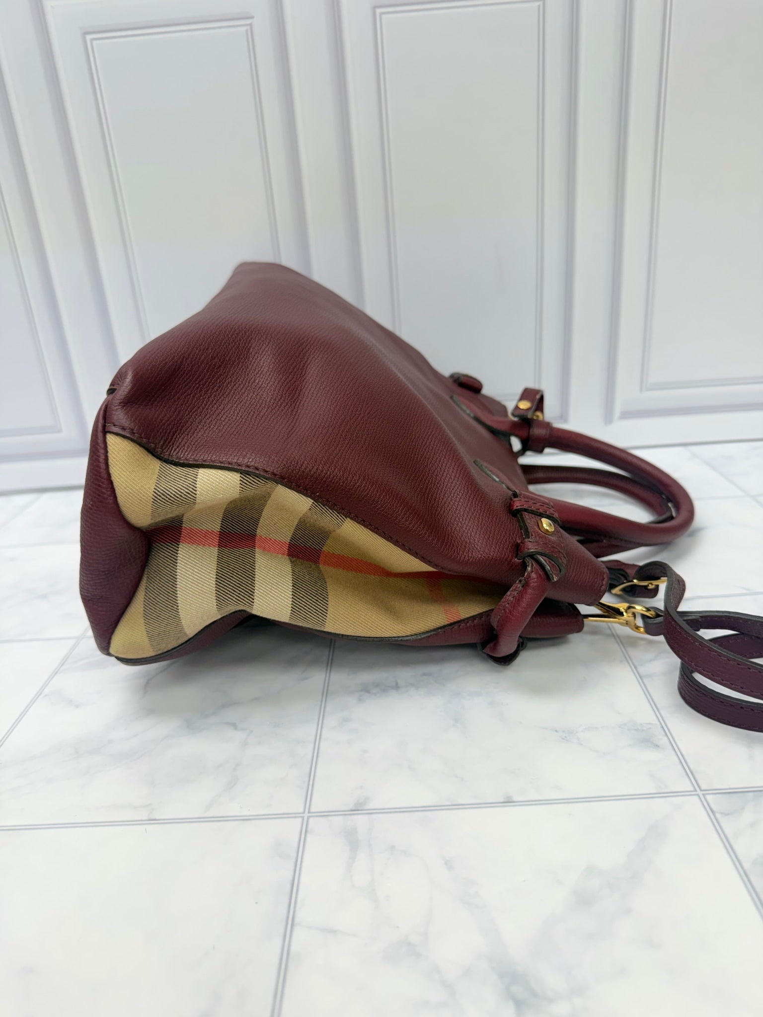 Burberry Burgundy Leather Banner Tote Bag
