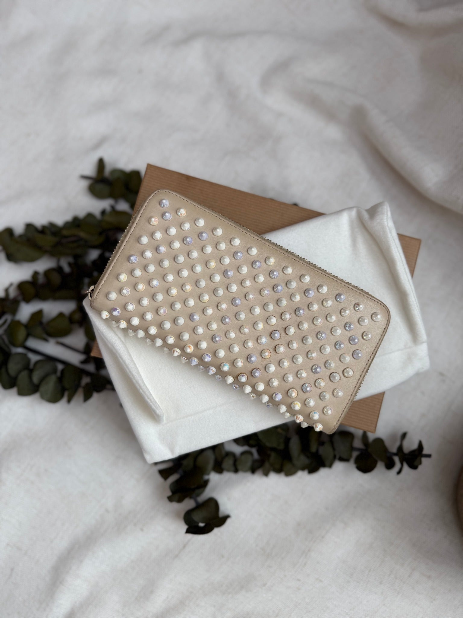 Christian Louboutin Cream Leather Spike Zippy Wallet