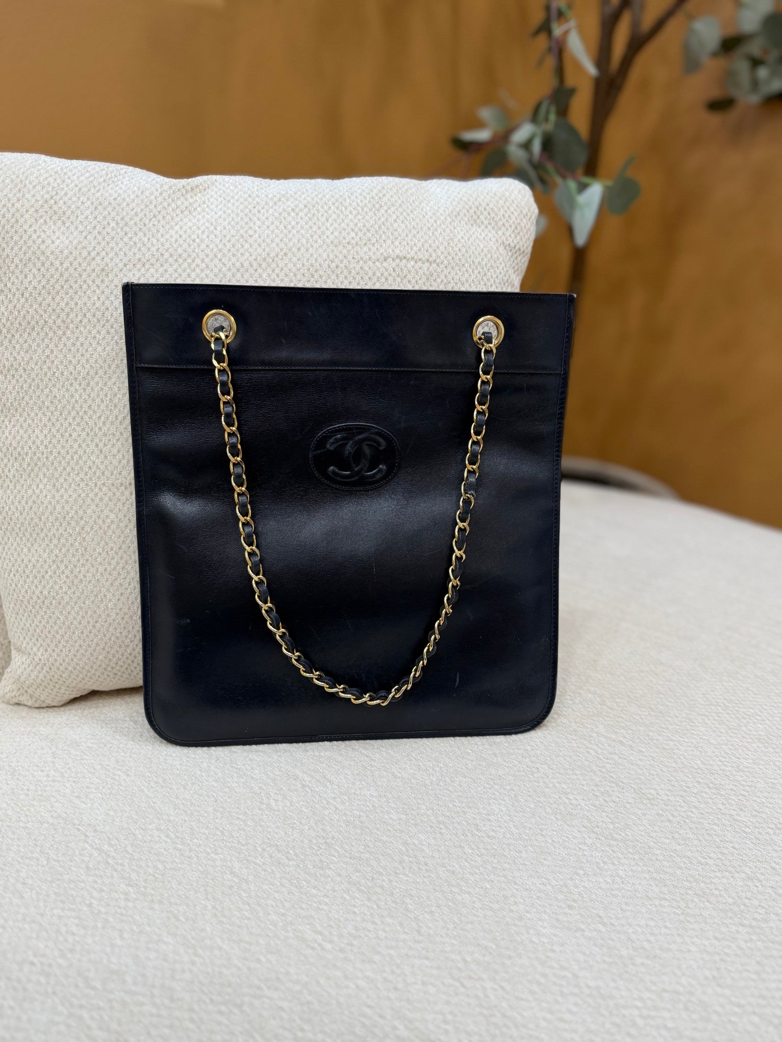 Chanel Vintage Black Leather CC Chain Tote