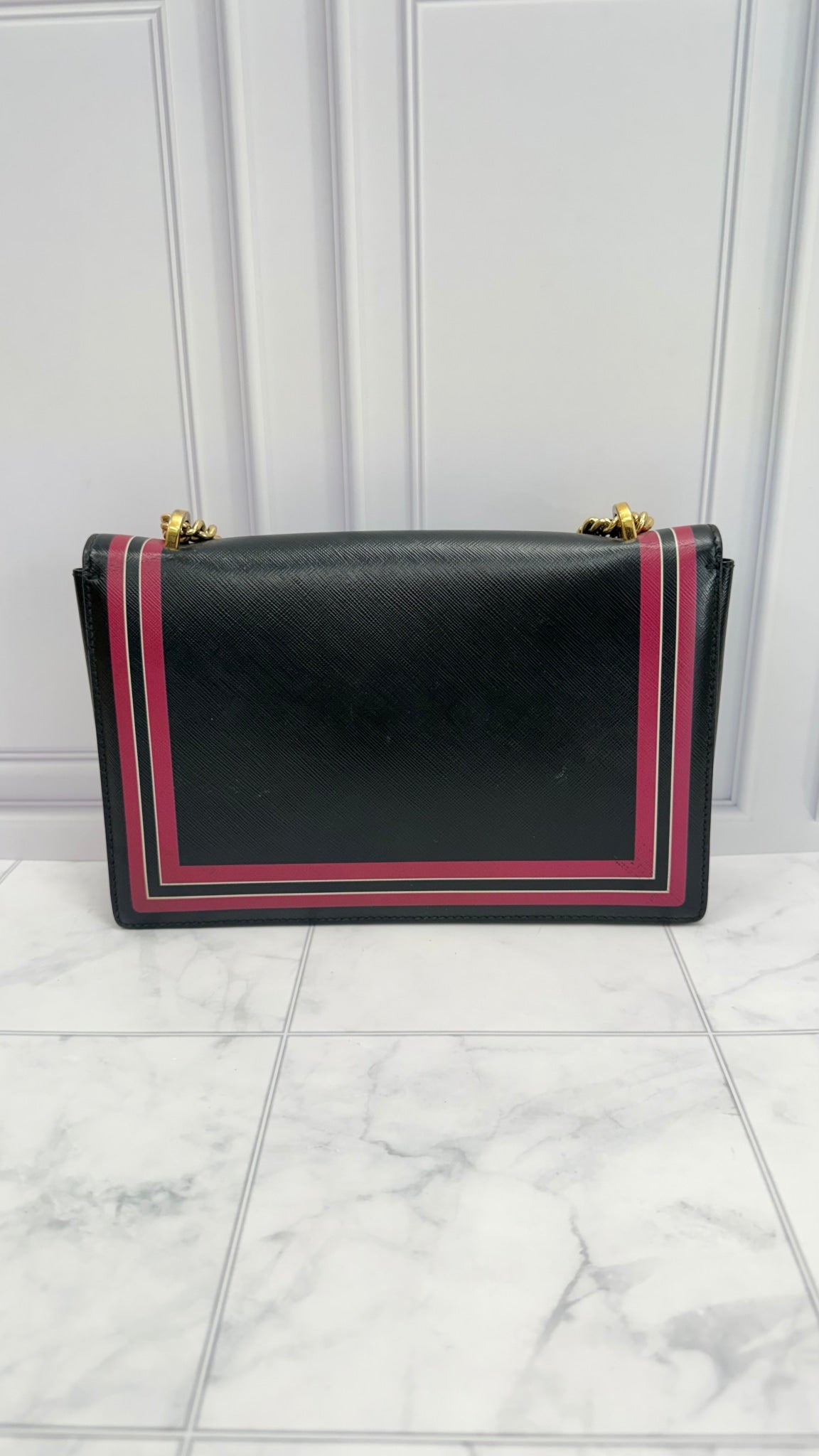 Salvatore Ferragamo Black Leather Pink Striped Chain Bag