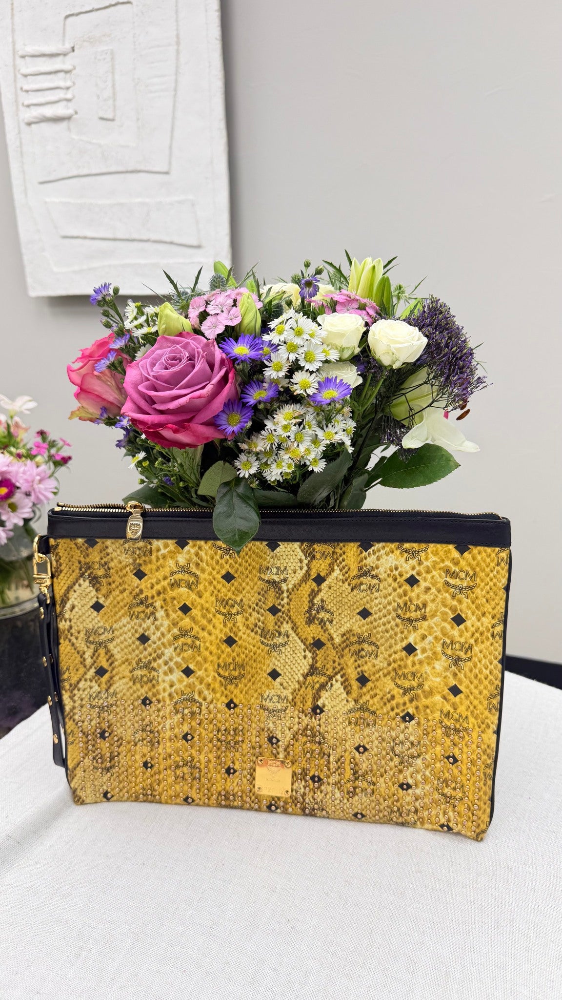 MCM Yellow Snakeskin Embossed Visetos Leather Studded Pouch