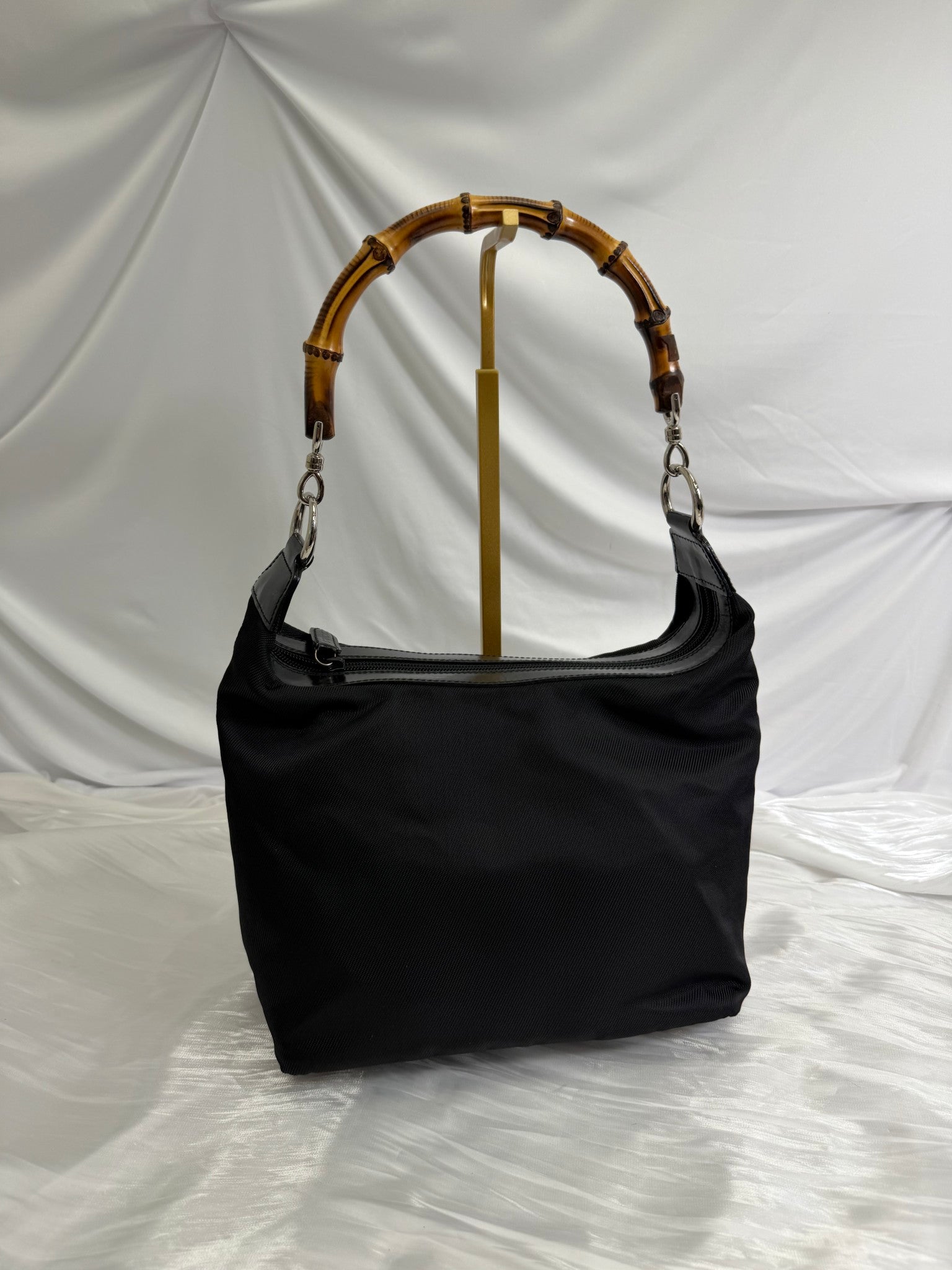 Gucci Black Canvas Bamboo Handle Bag
