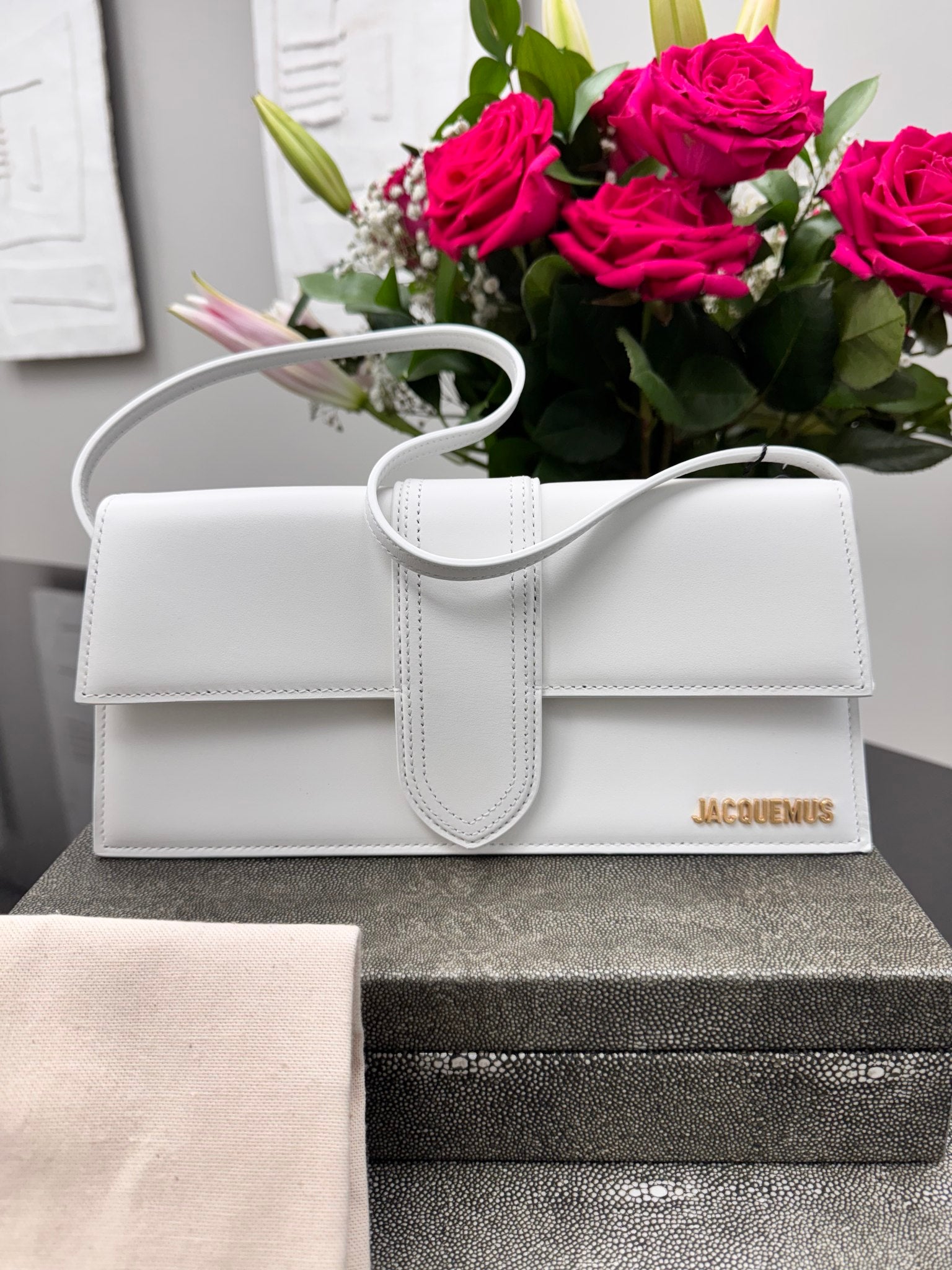 BRAND NEW - Jacquemus White Leather Le Bambino Long Shoulder Bag