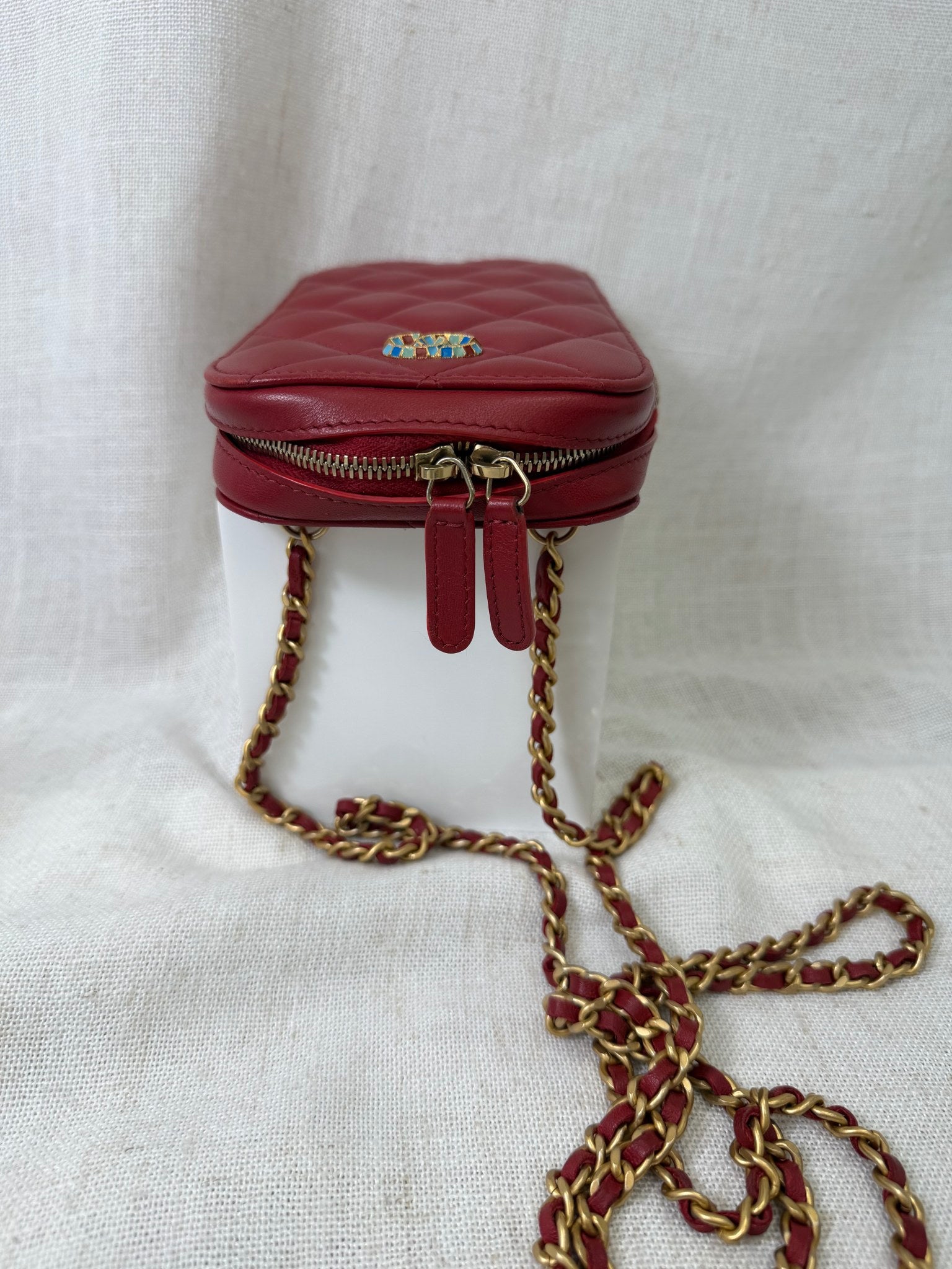 Chanel Red Quilted Lambskin Leather Chain Phone Holder