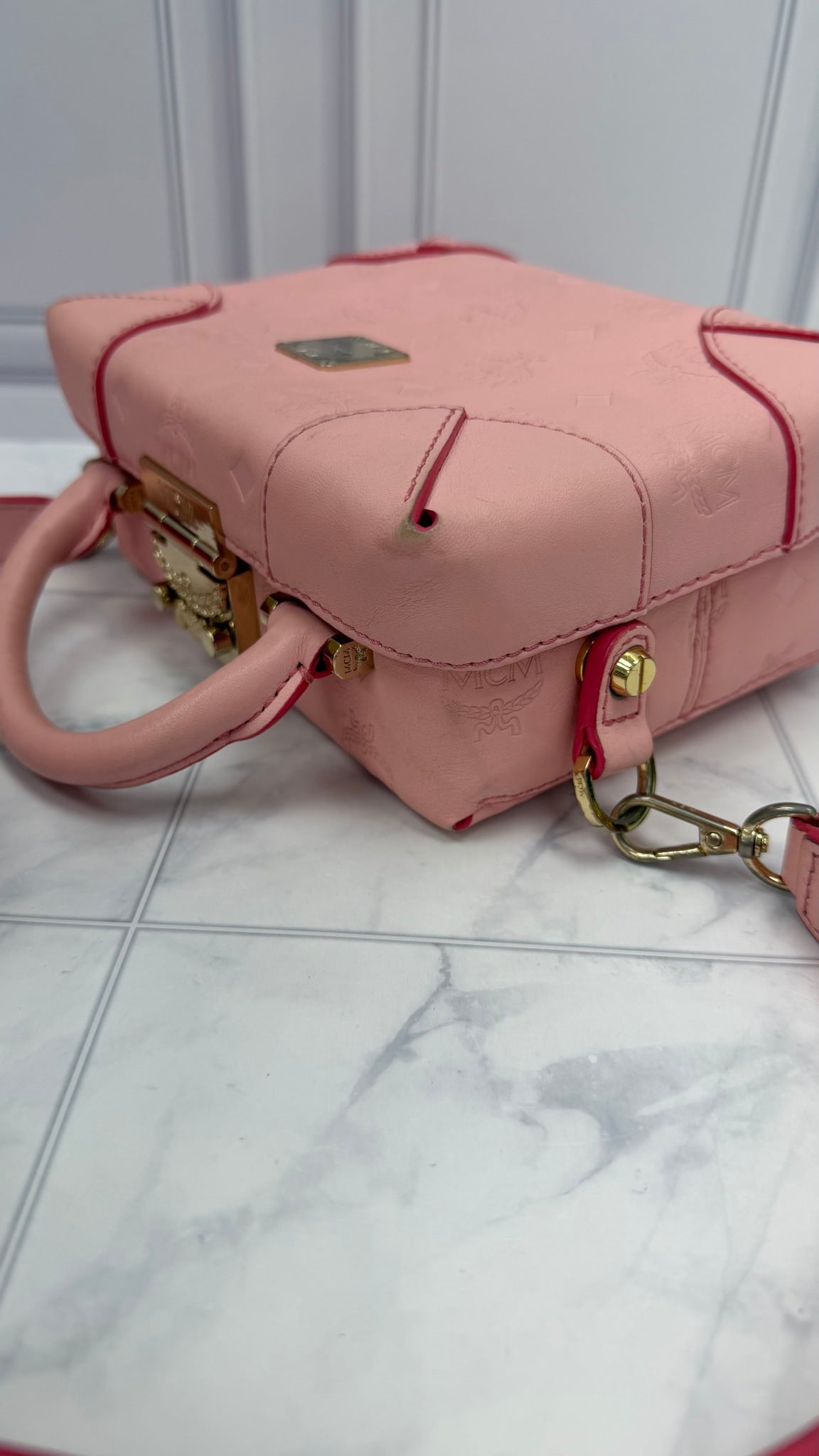 MCM Light Pink Embossed Visetos Leather Soft Berlin Box Trunk Crossbody