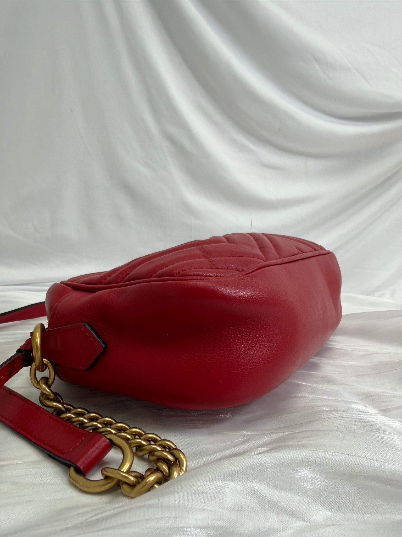 Gucci Red Chevron Quilted Leather GG Marmont Camera Bag