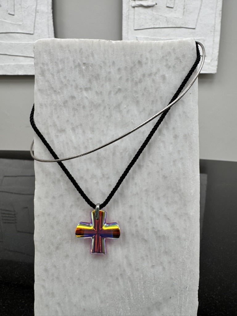 Baccarat Pink Crystal Cross Pendant And Silver Necklace
