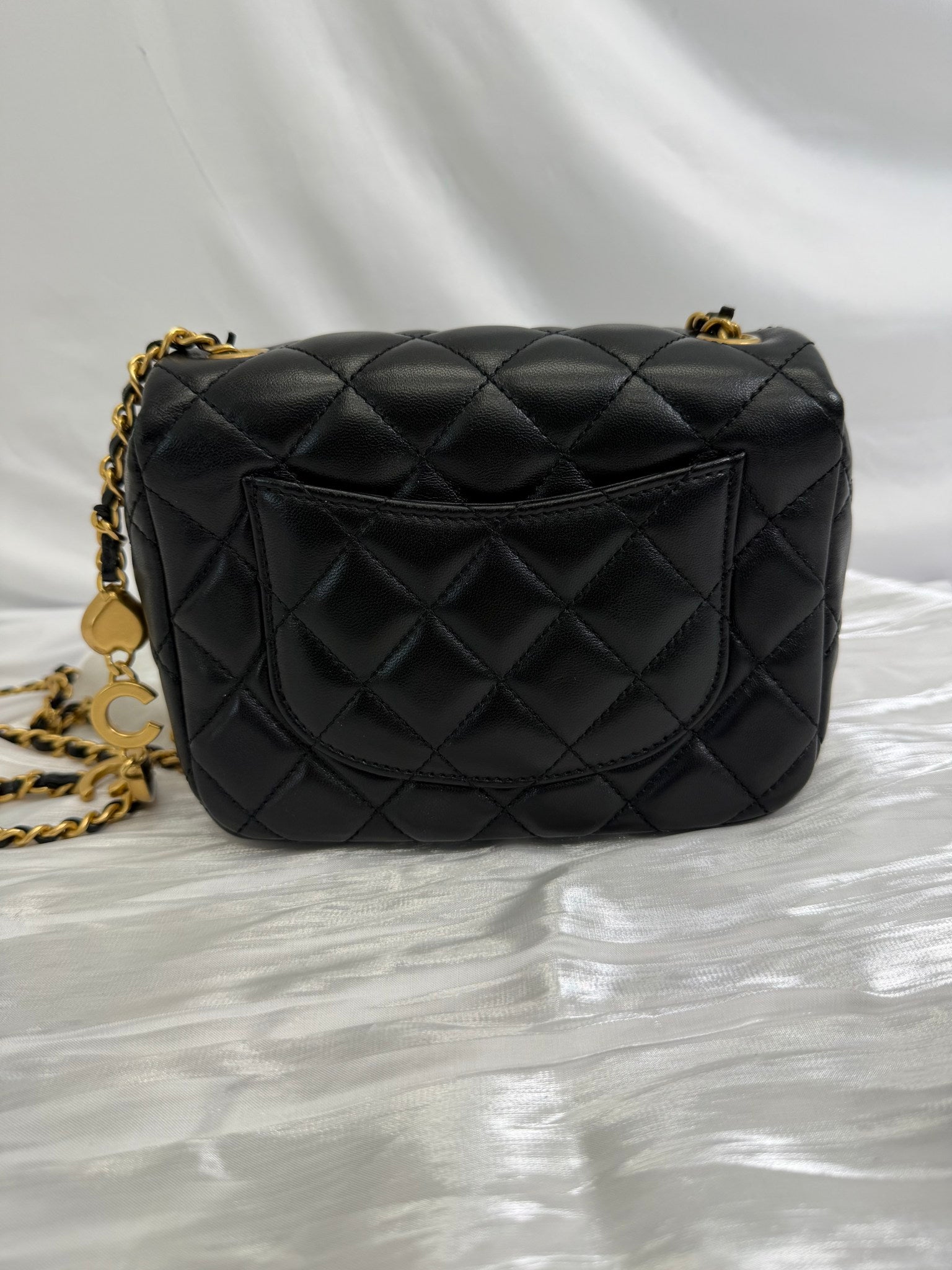 Chanel Black Lambskin Coco Hearts Square Mini Flap Crossbody
