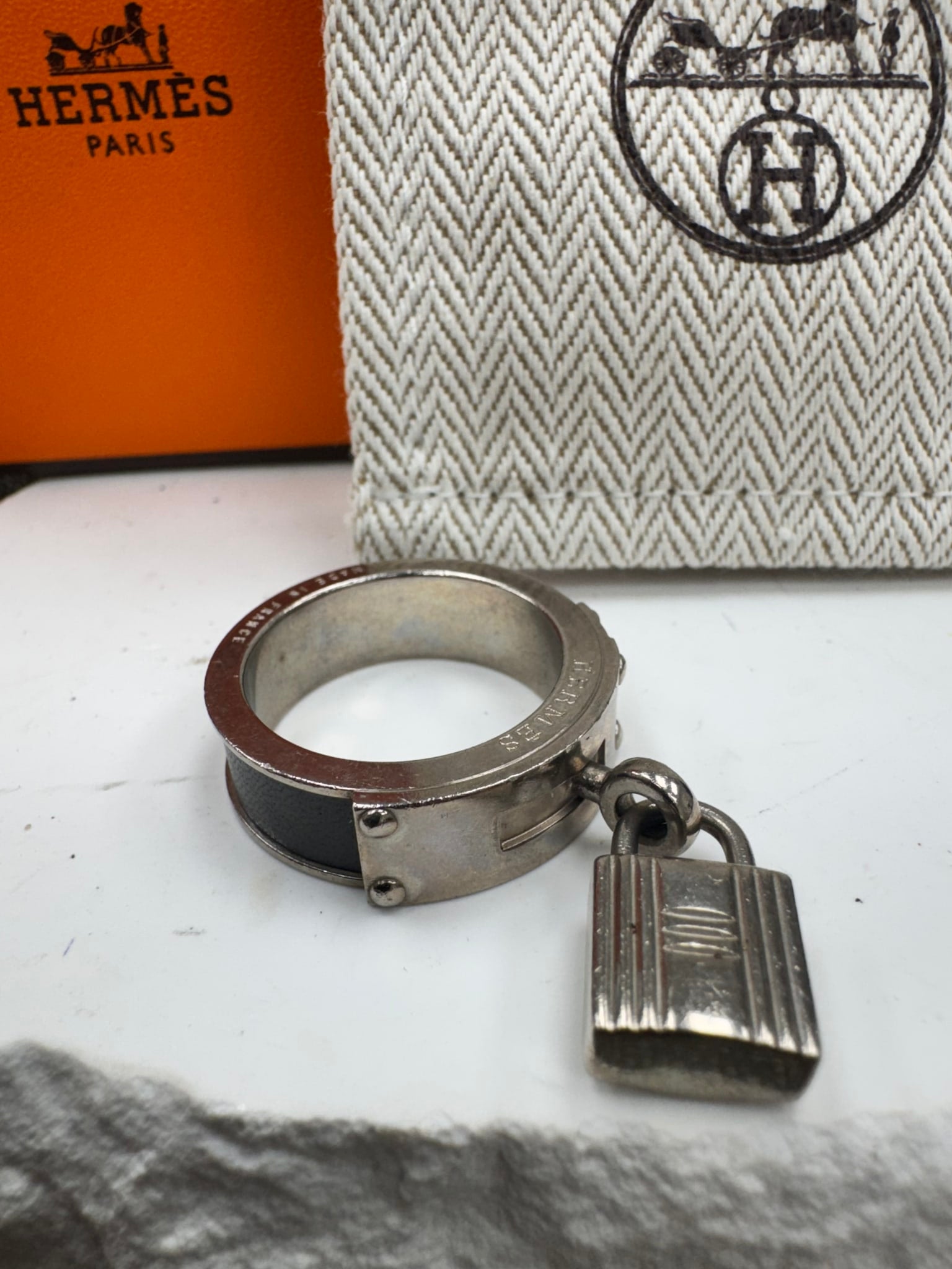 Hermes Silver Tone And Black Kelly Cadena Scarf Ring