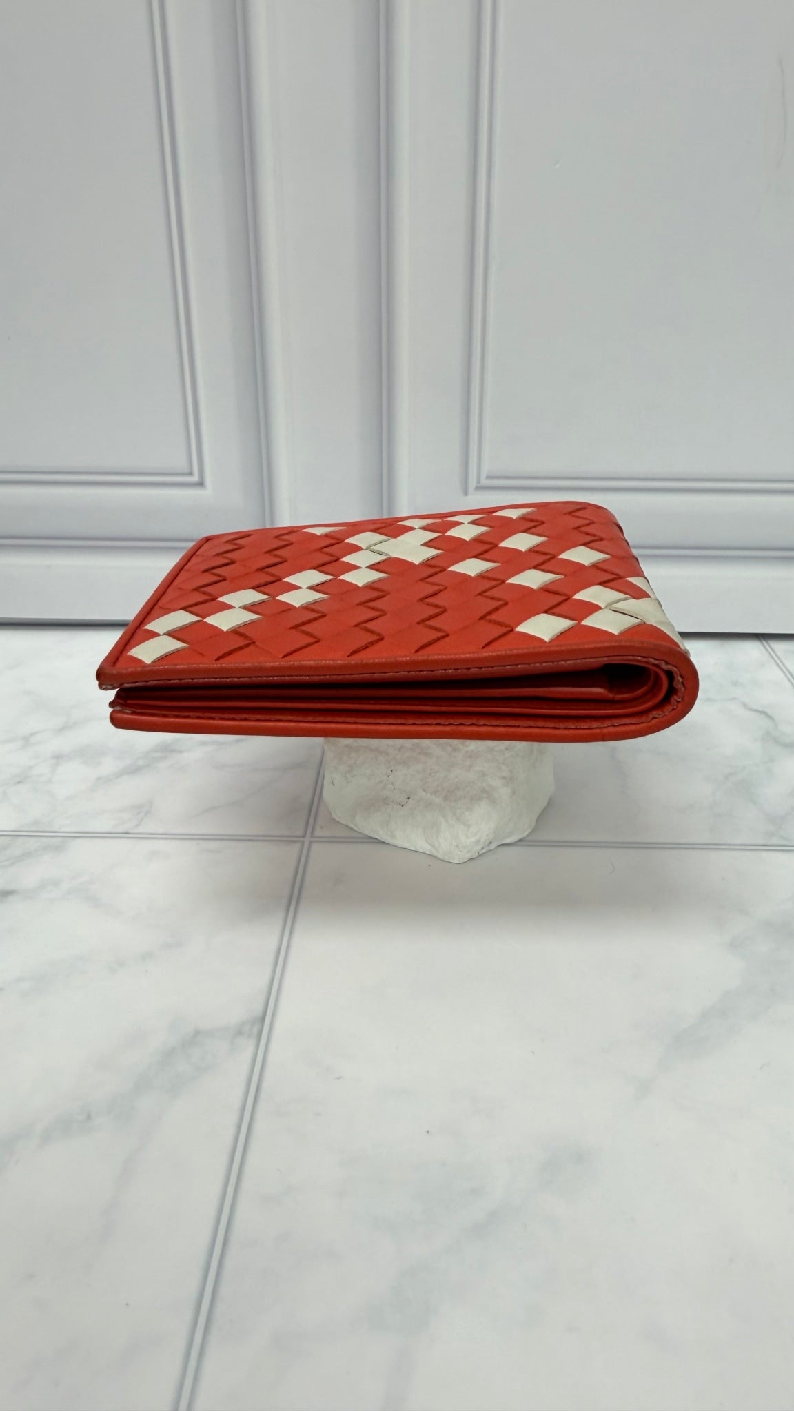 Bottega Veneta Orange And Cream Intrecciato Leather Bifold Wallet