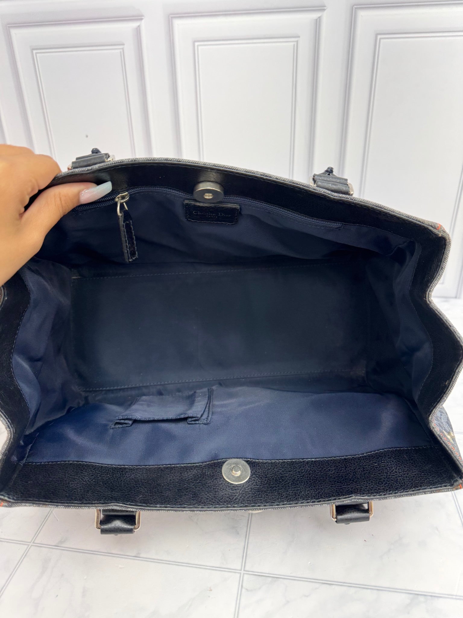 Christian Dior Denim And Orange Diorissimo Trotter Flight Handbag