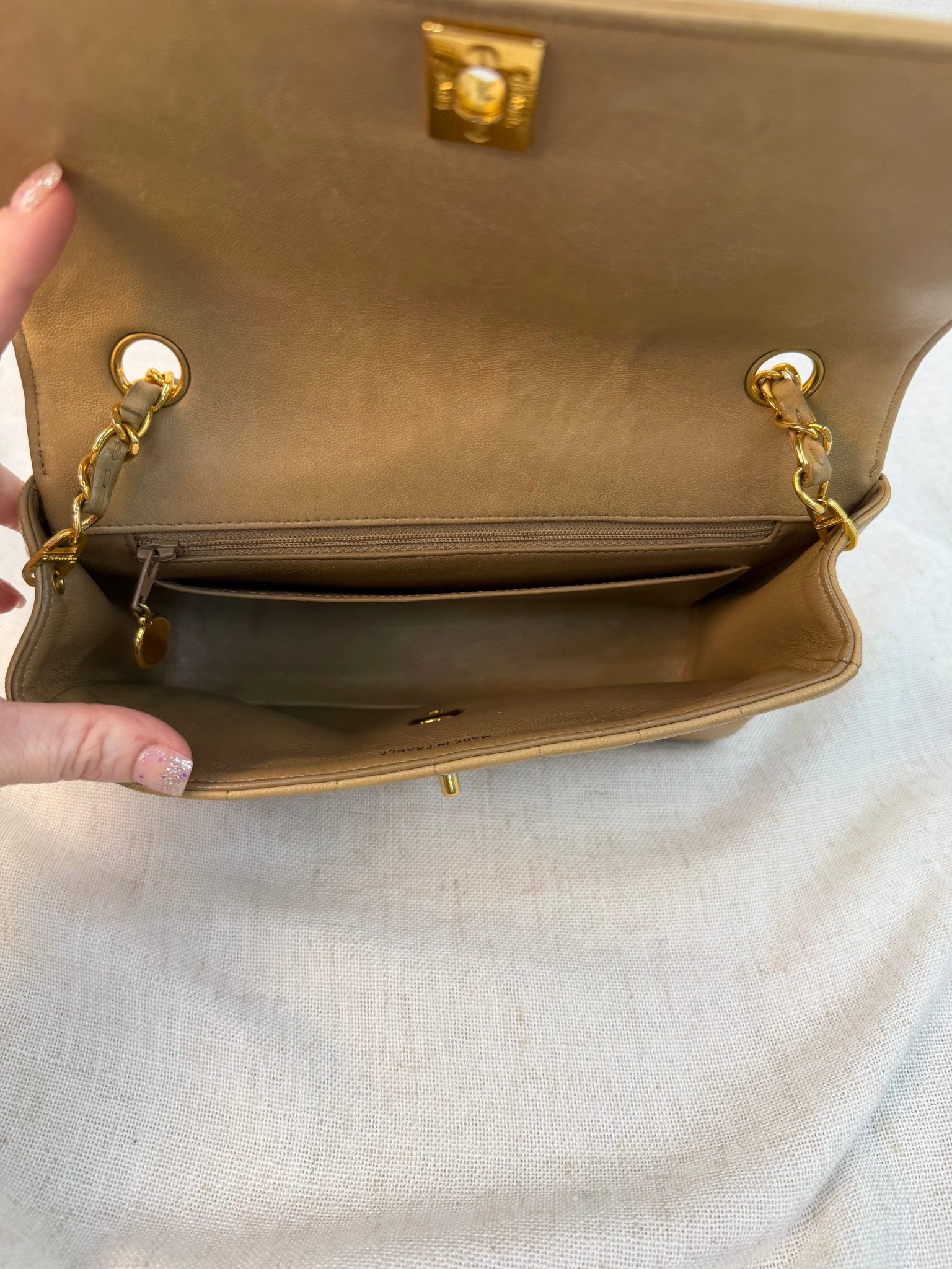 Chanel Beige Lambskin CC Mademoiselle Single Flap Bag