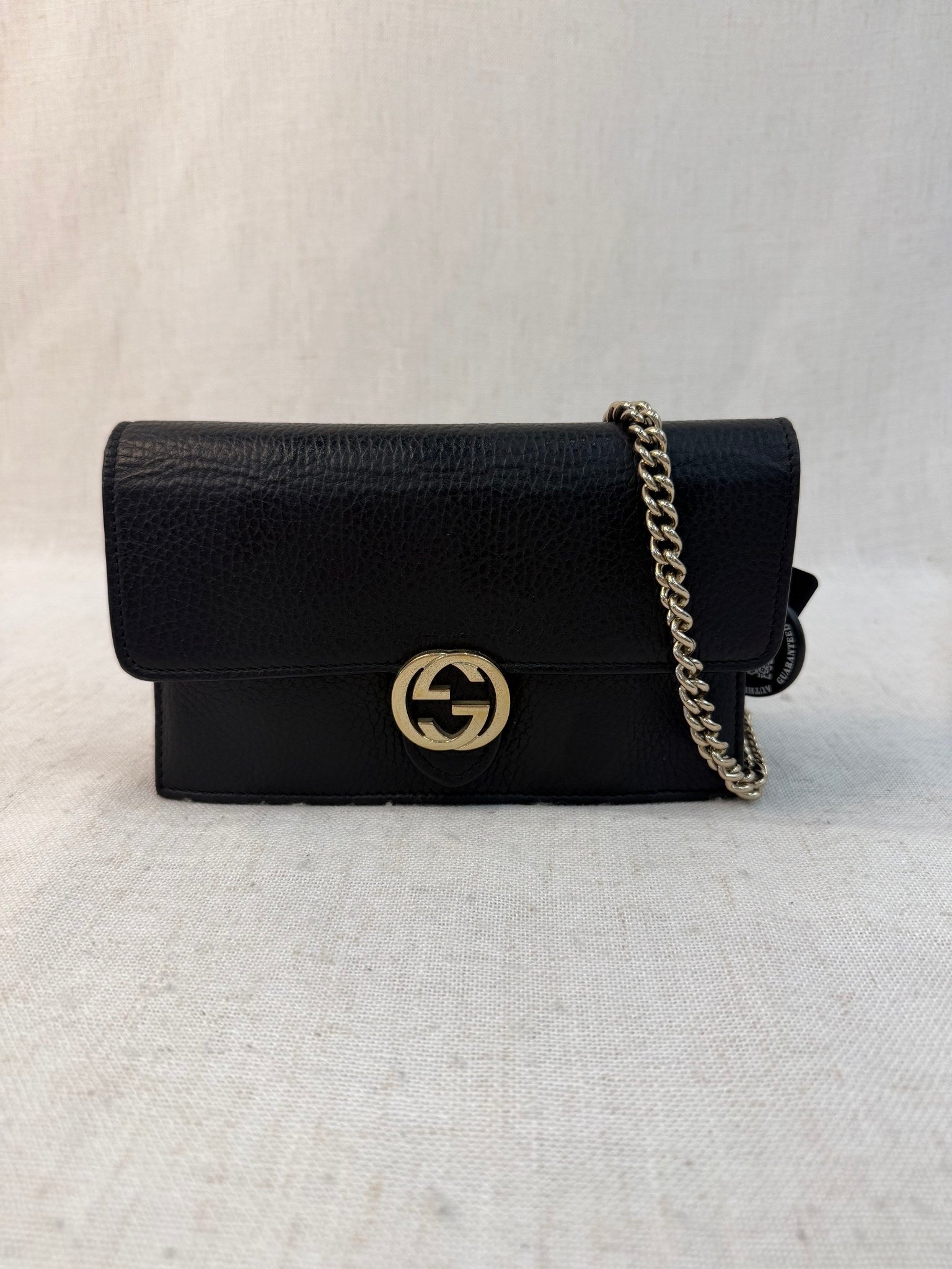 Gucci Black Leather Interlocking G Wallet On Chain Bag