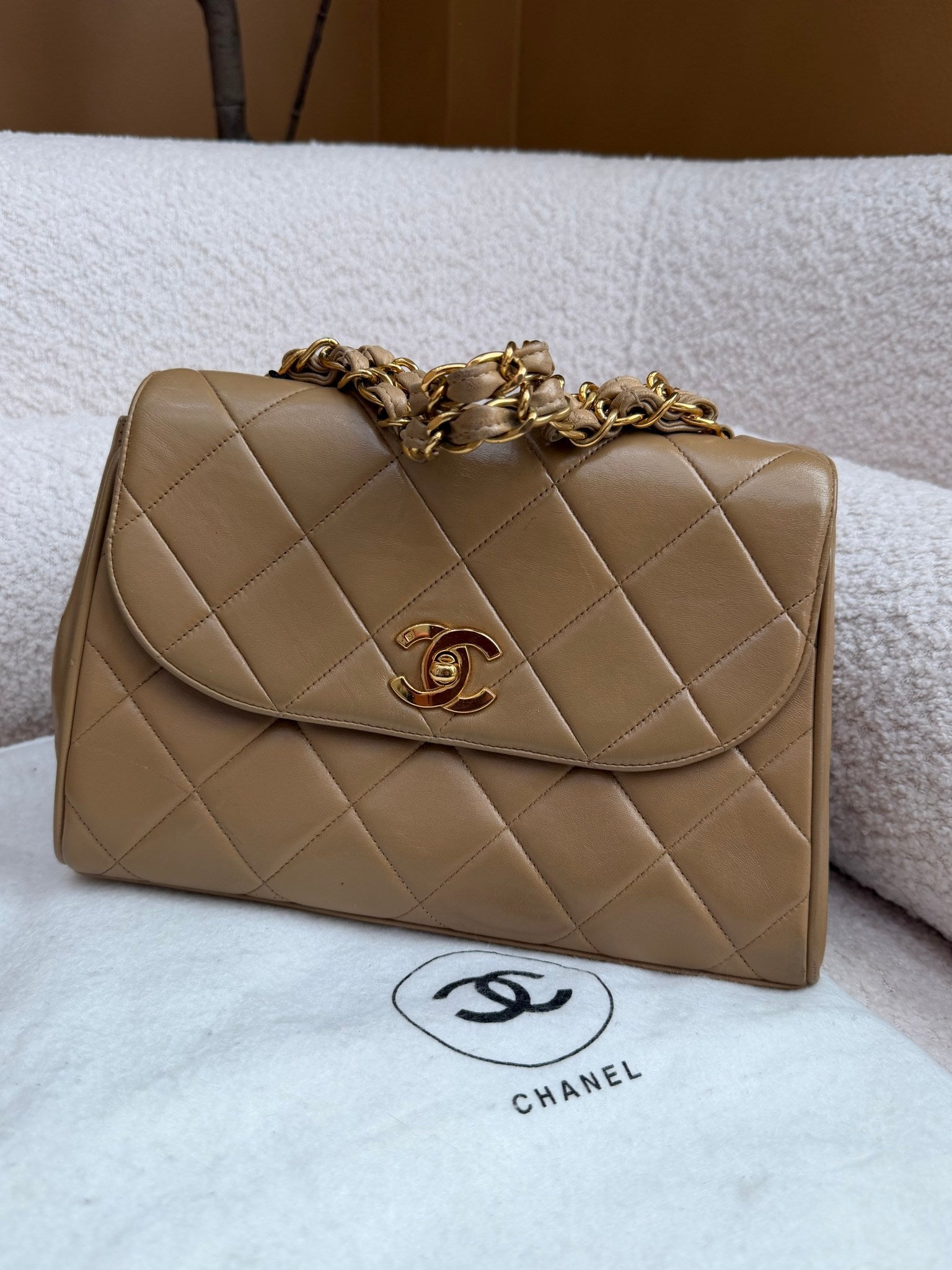 Chanel Light Brown Lambskin Leather 24k Top Handle Chain Bag