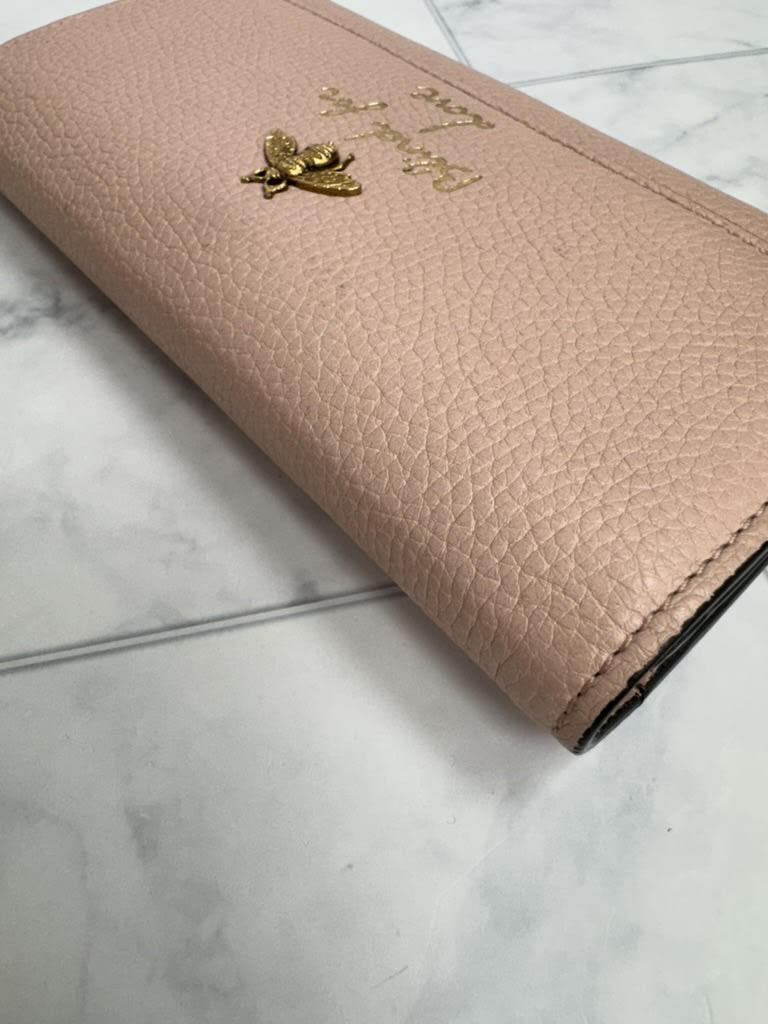 Gucci Light Pink Pebbled Leather Animalier Bee Long Wallet