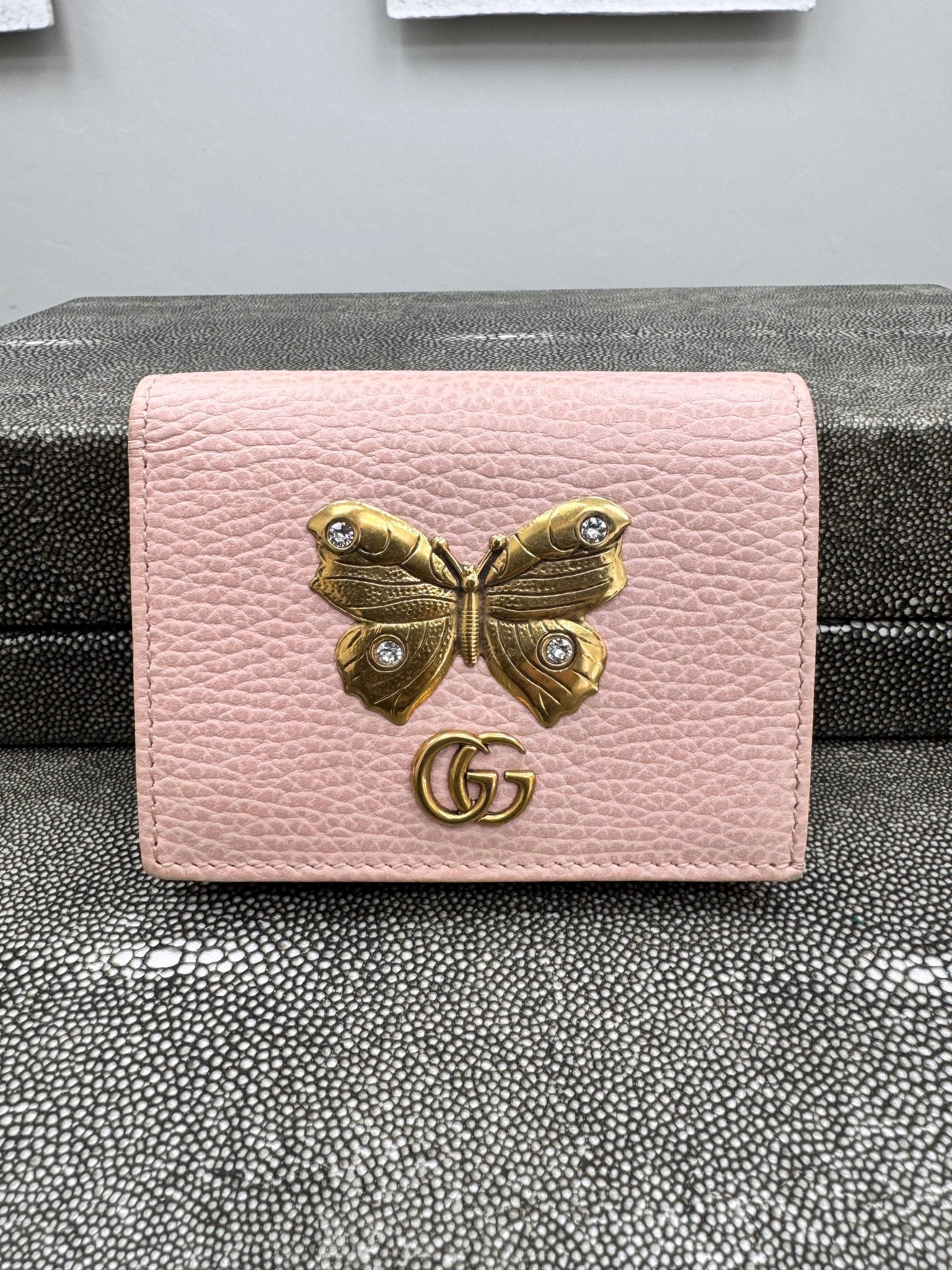 Gucci Pink Grained Leather Butterfly Compact Wallet