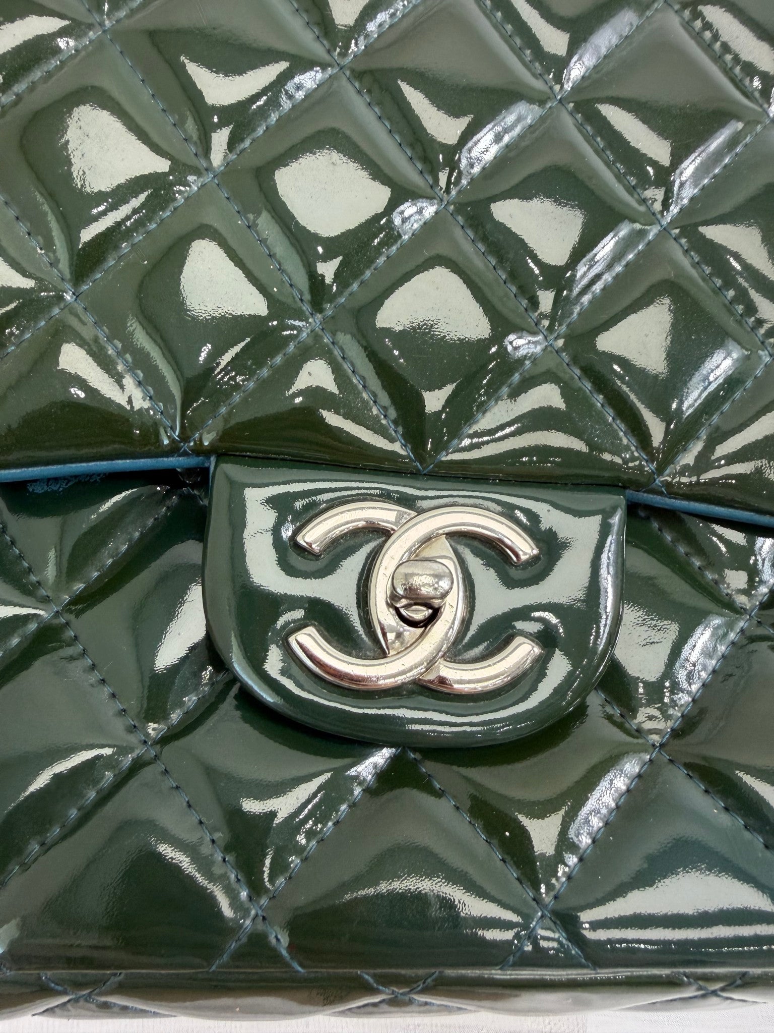 Chanel Dark Green Quilted Patent Leather Maxi Double Flap Bag