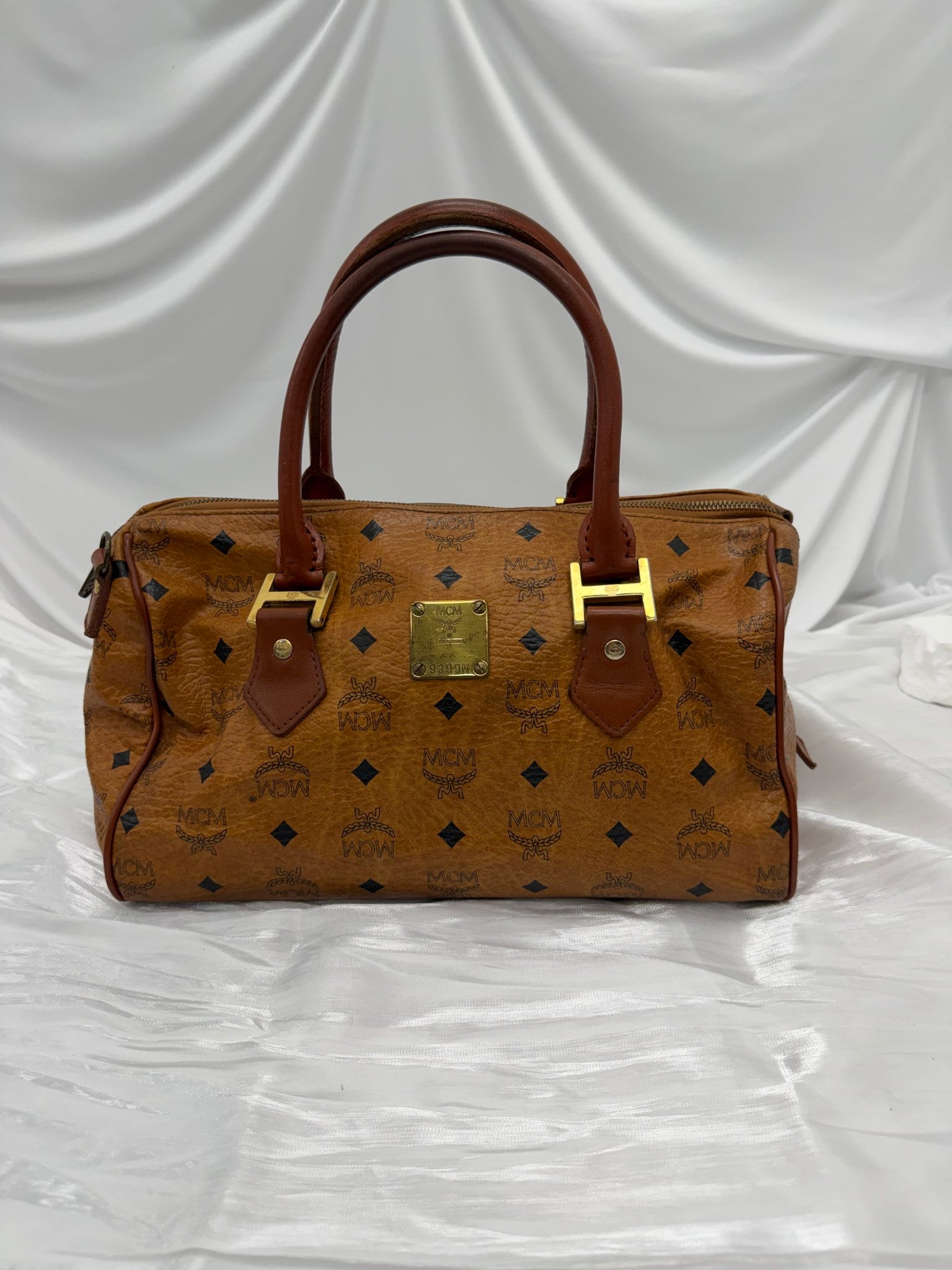MCM Cognac Visetos Coated Canvas Boston Bag