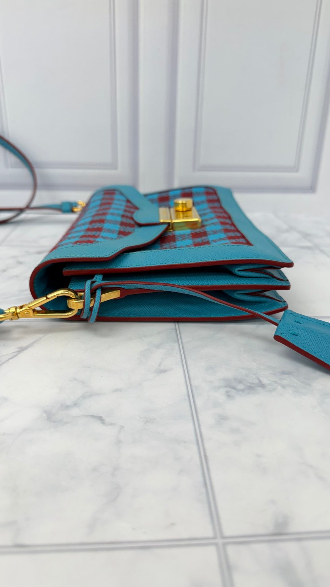 Prada Blue And Burgundy Canvas Leather Checkered Crossbody Bag