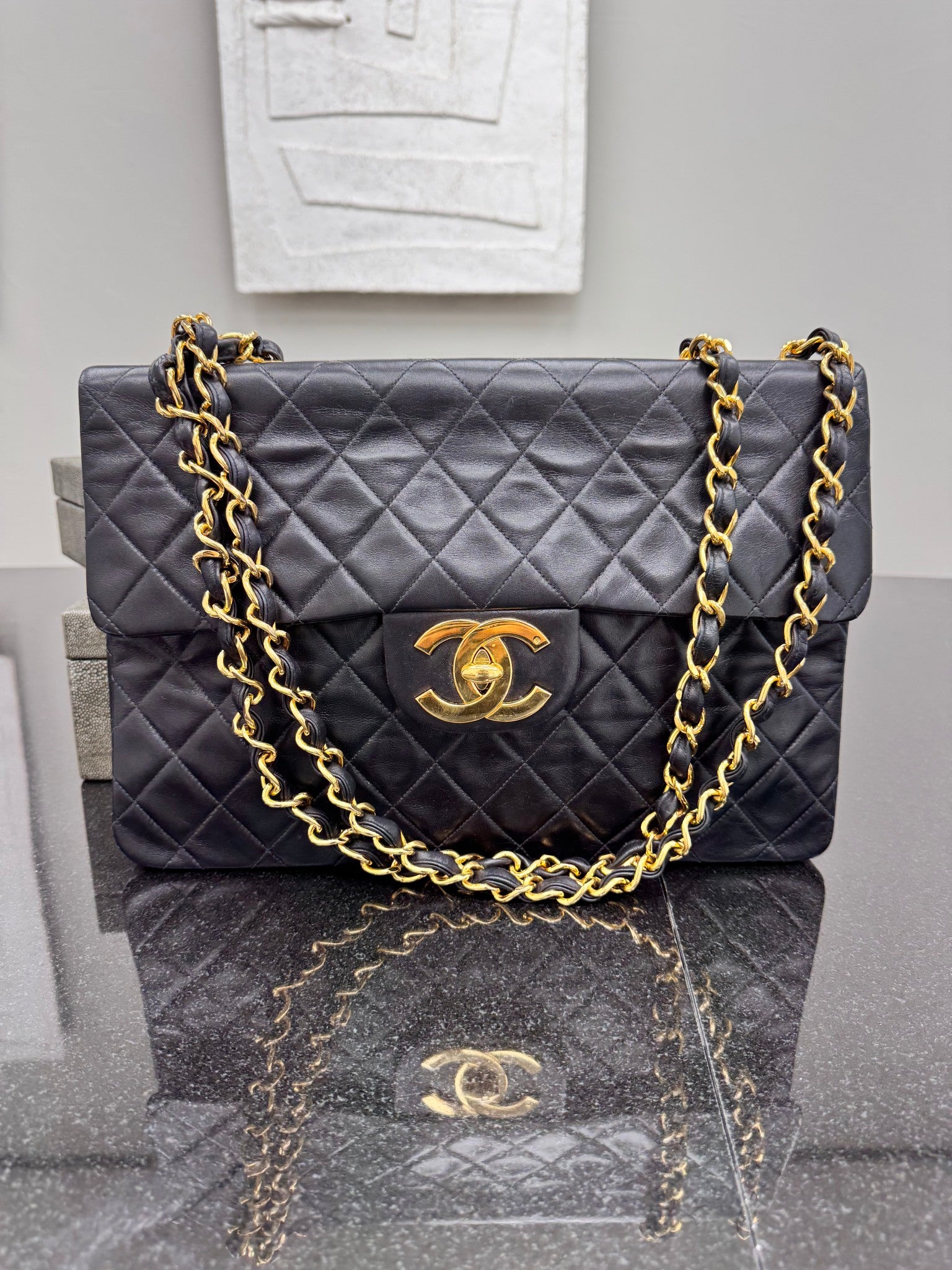 Chanel Vintage Black Quilted Calfskin Leather 24k Jumbo Classic Flap Bag