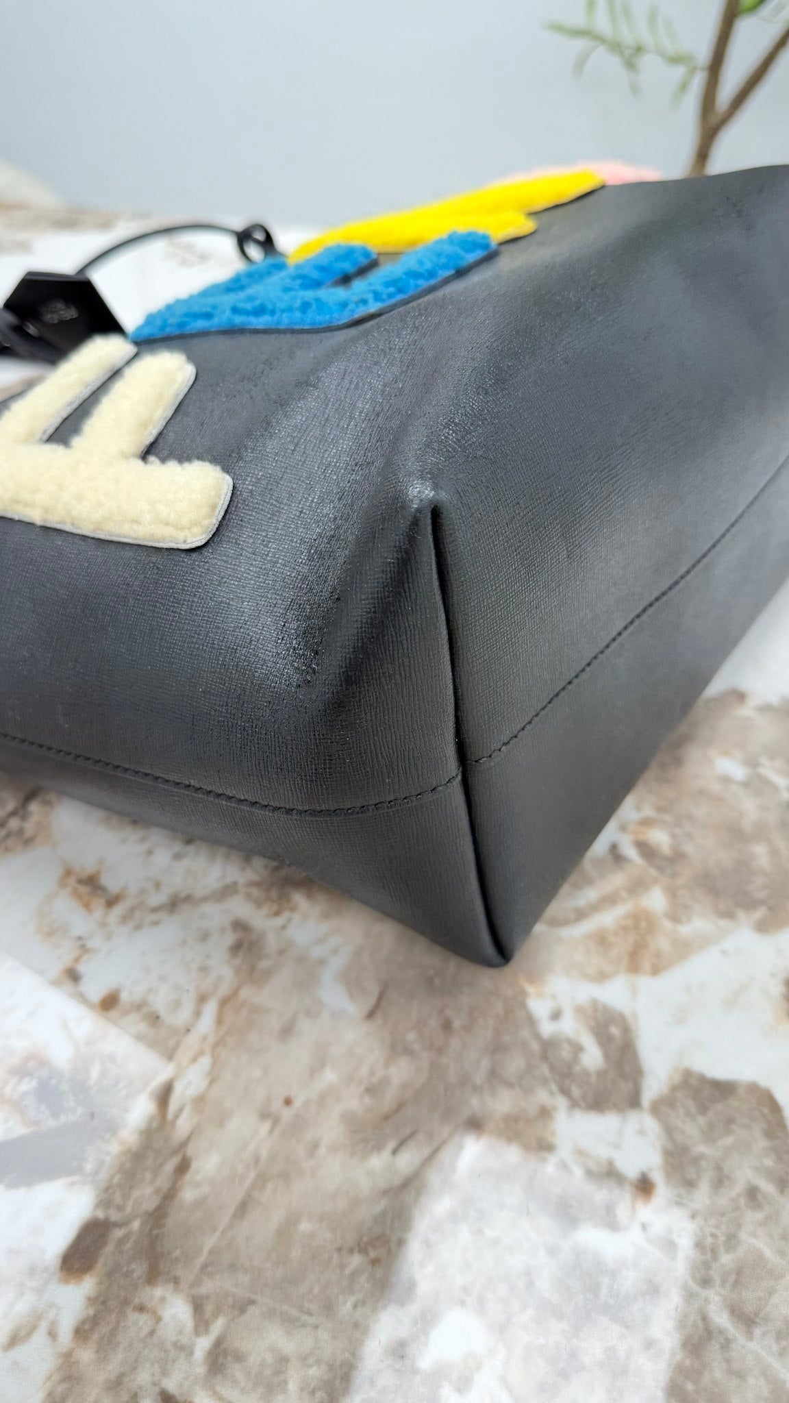 Fendi Black Leather Shearling Logo Roll Tote