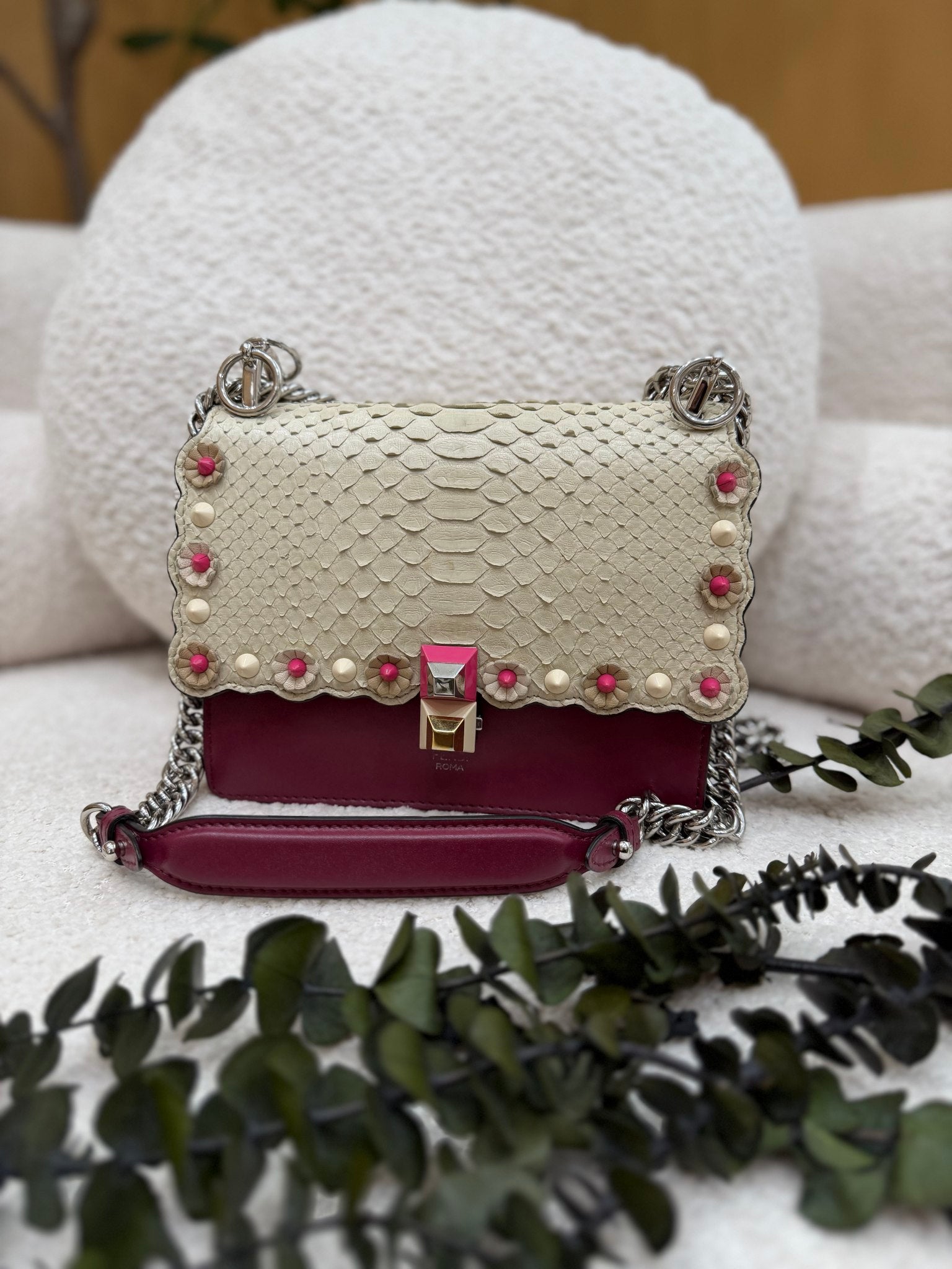 Fendi Ivory Python & Burgundy Leather Small Kan Shoulder Bag