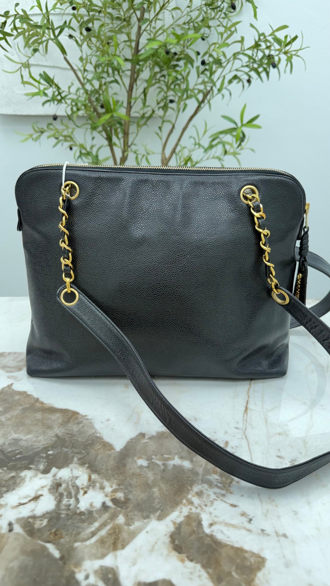 Chanel Vintage 24k Black Caviar Shoulder Chain Tote