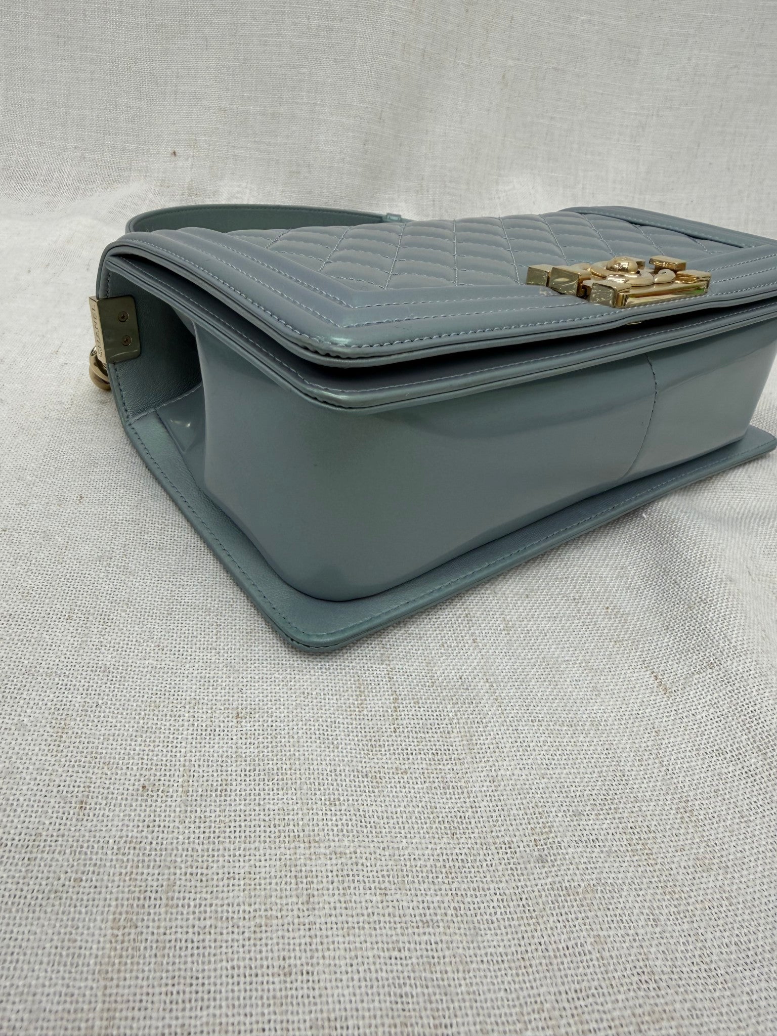 Chanel Blue Iridescent Quilted Patent Leather Medium Boy Bag