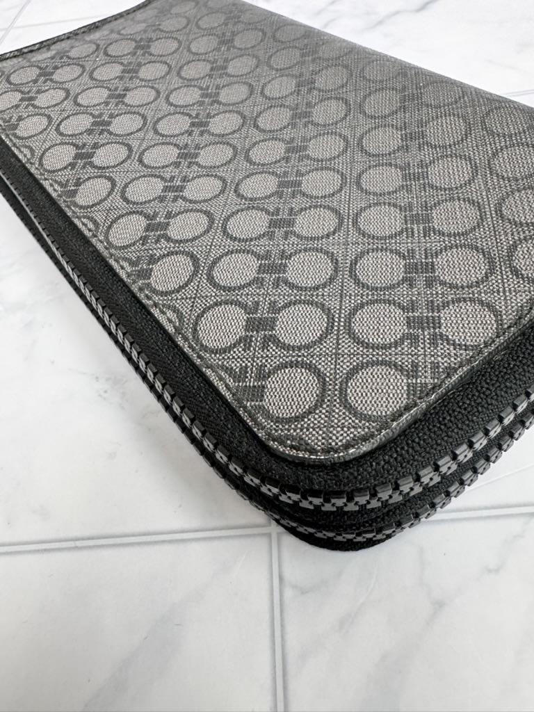 Salvatore Ferrgamo Black And Gray Coated Canvas Double Zippy Wallet