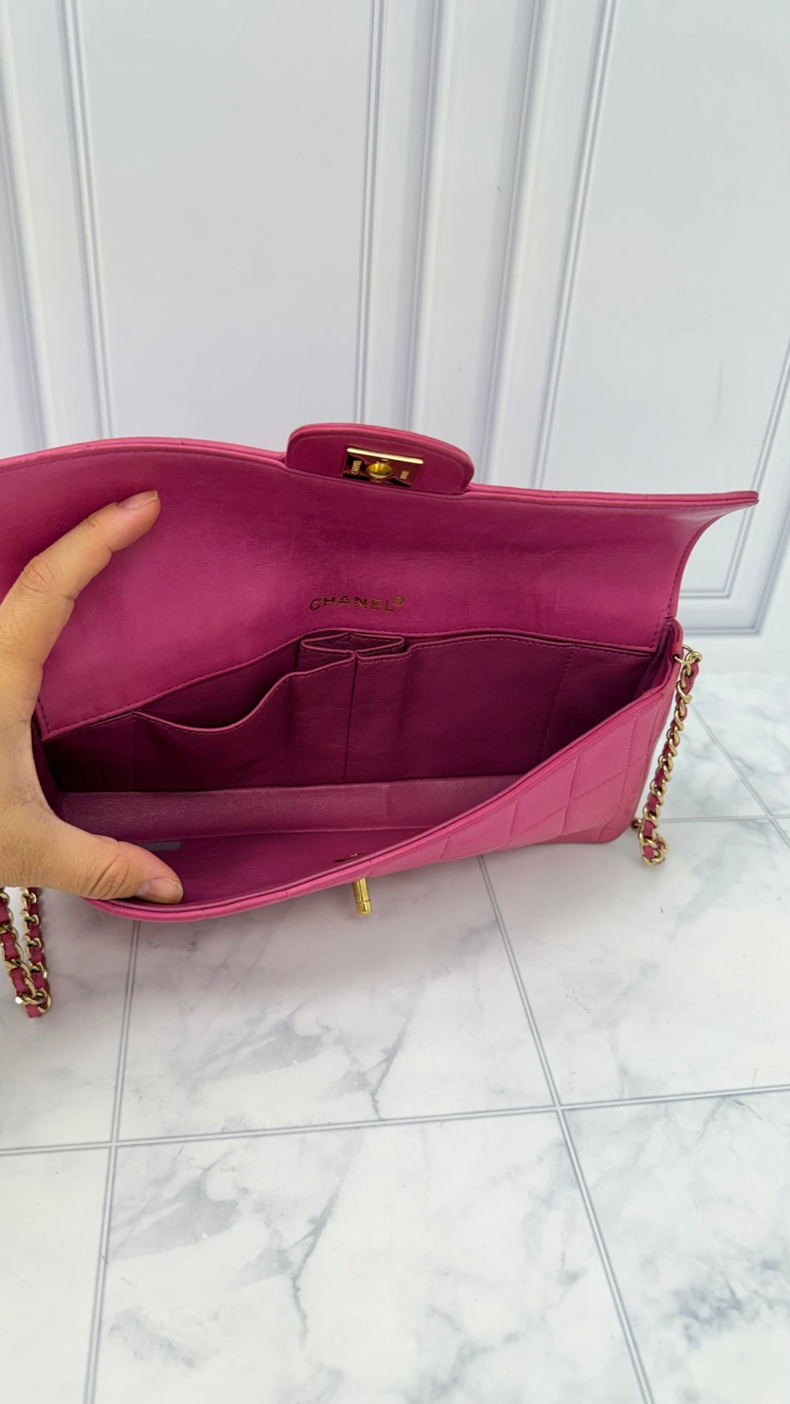 Chanel Hot Pink Lambskin Leather Chocolate Bar East West Flap Shoulder Bag