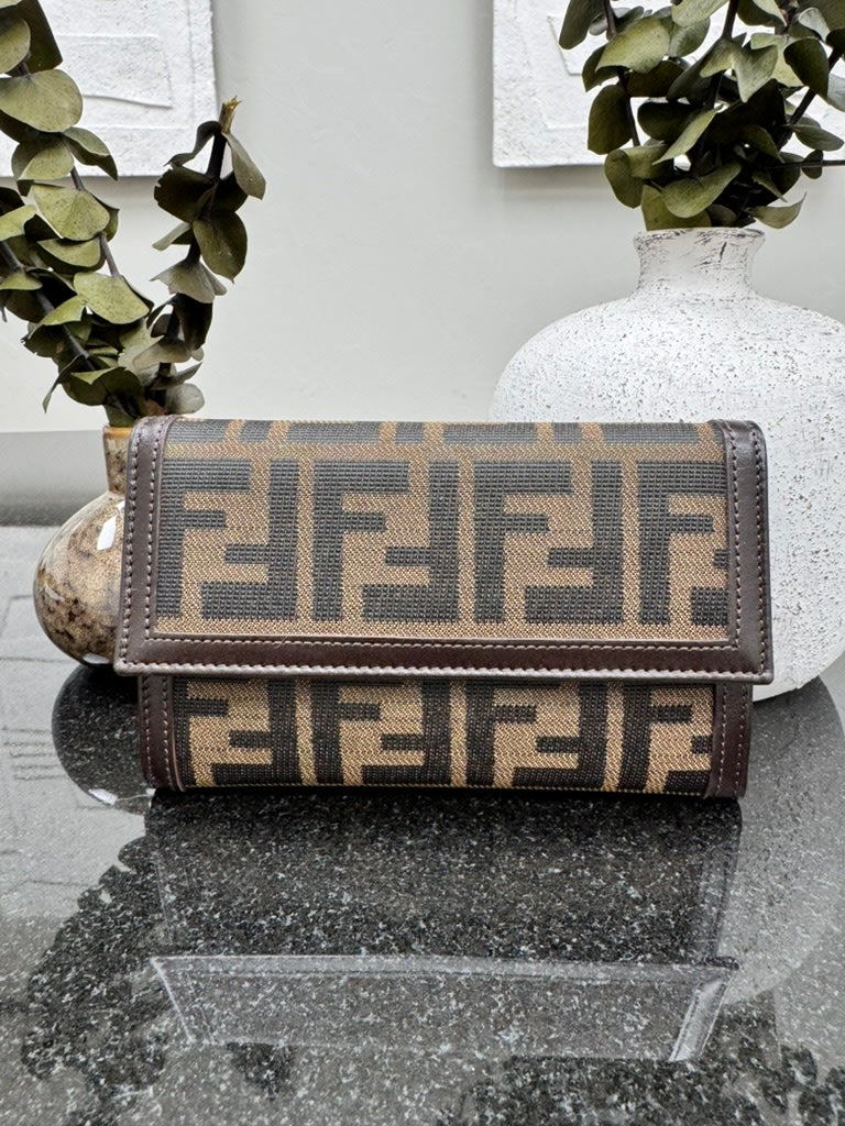 LIKE NEW - Fendi Brown And Black Zucca Canvas Trifold Compact Wallet