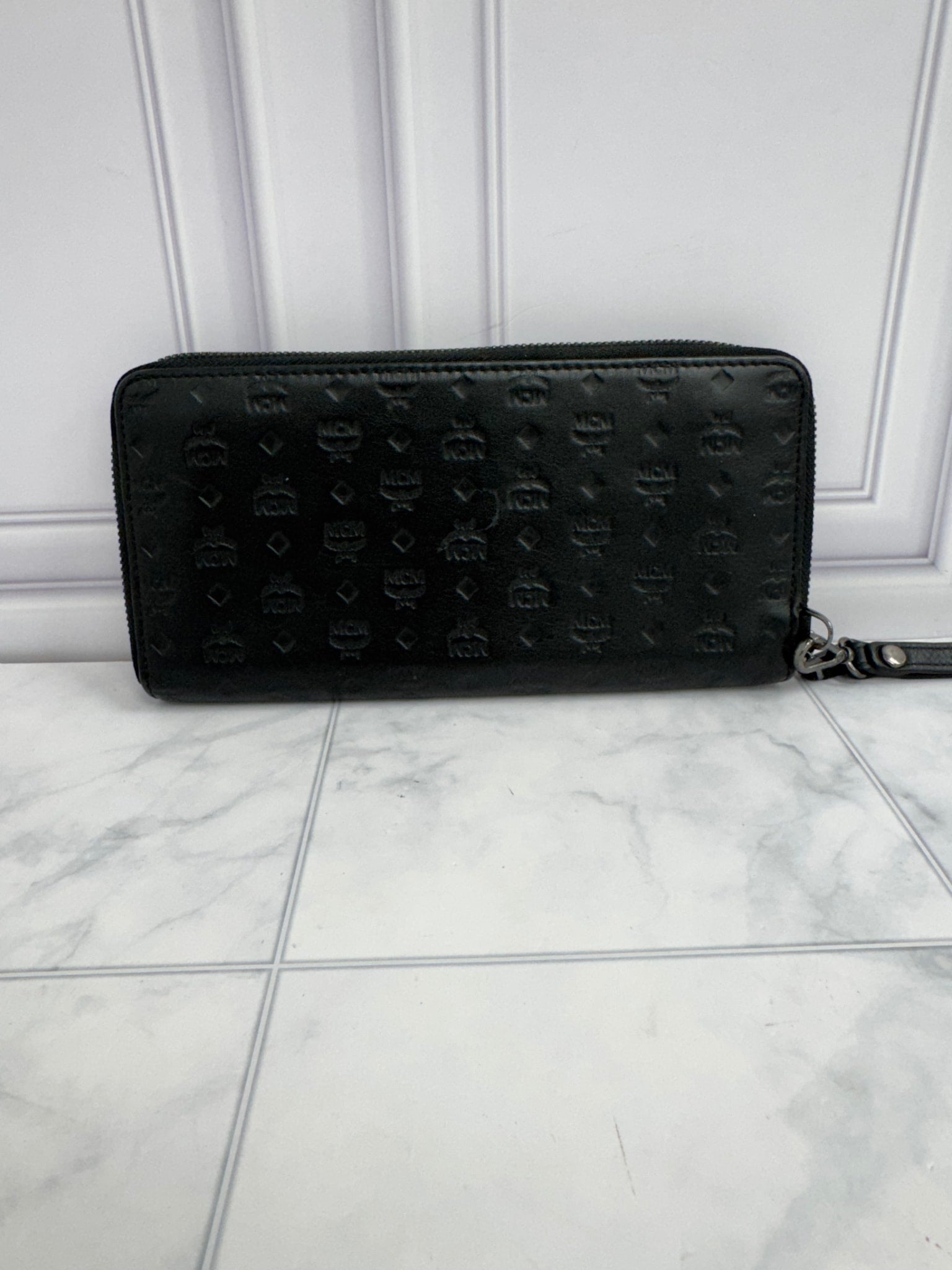 MCM Black Visetos Embossed Leather Zippy Wallet