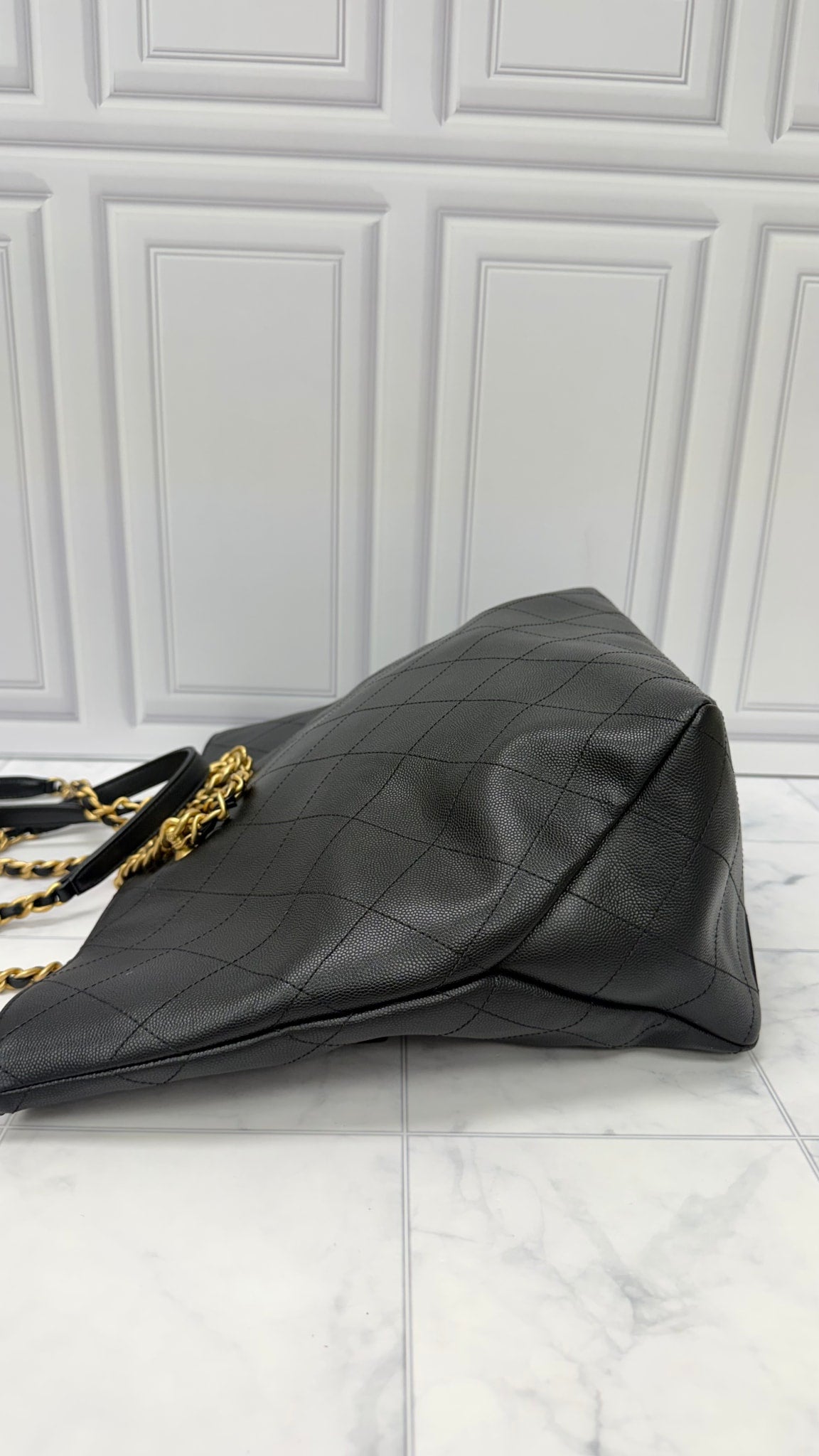 Chanel Black Caviar Leather Chain Shopping Tote Bag