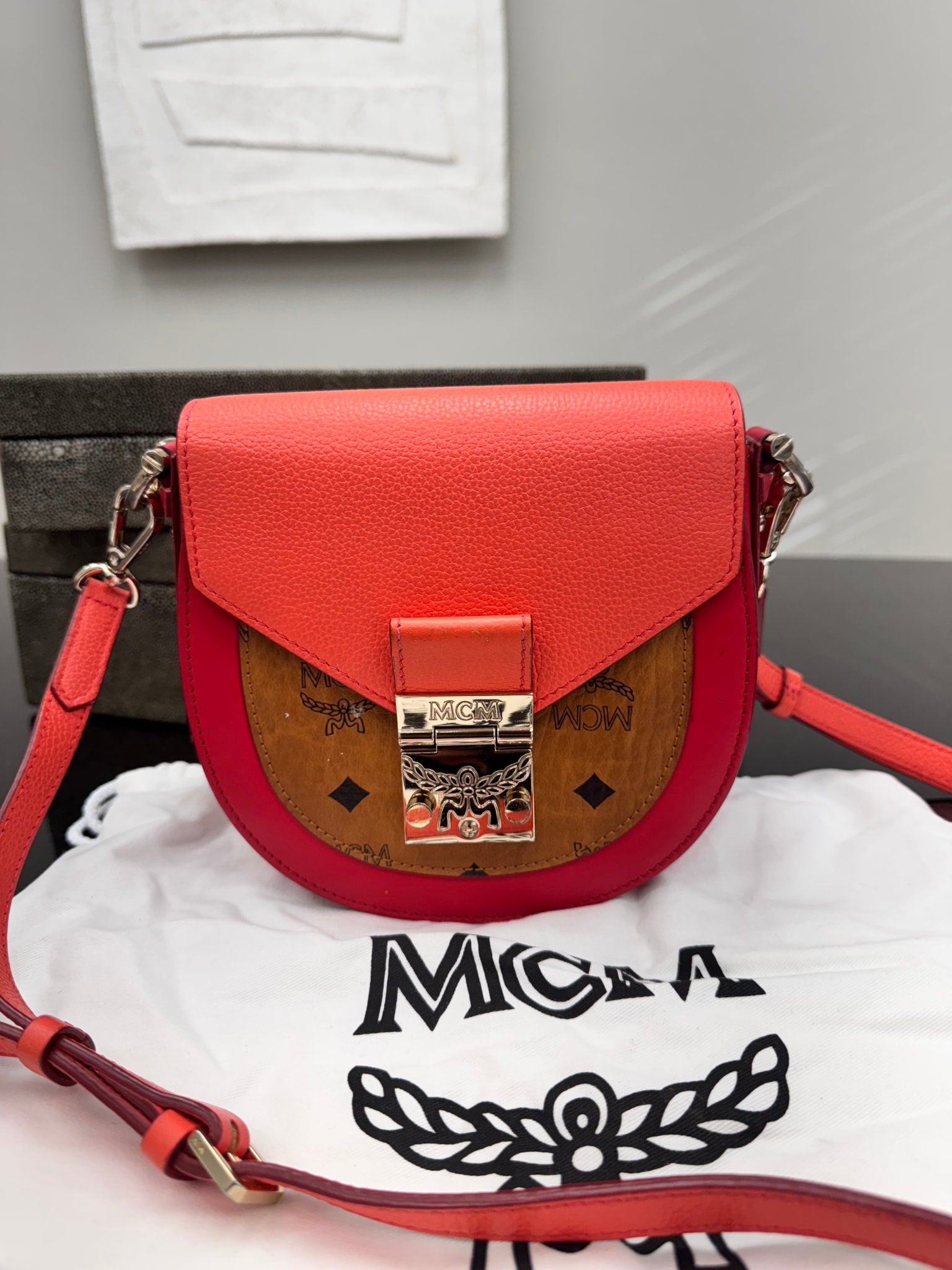 MCM Coral And Red Leather Crossbody Bag