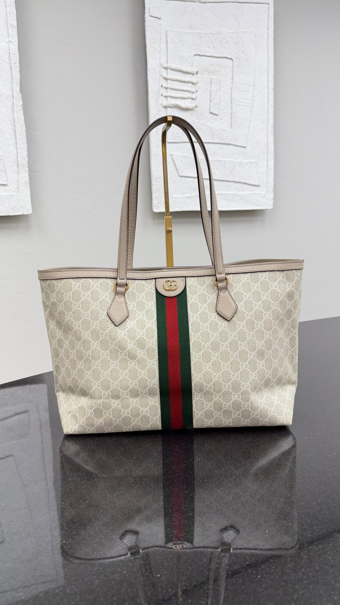 LIKE NEW - Gucci Beige GG Coated Canvas Web Large Ophidia Tote
