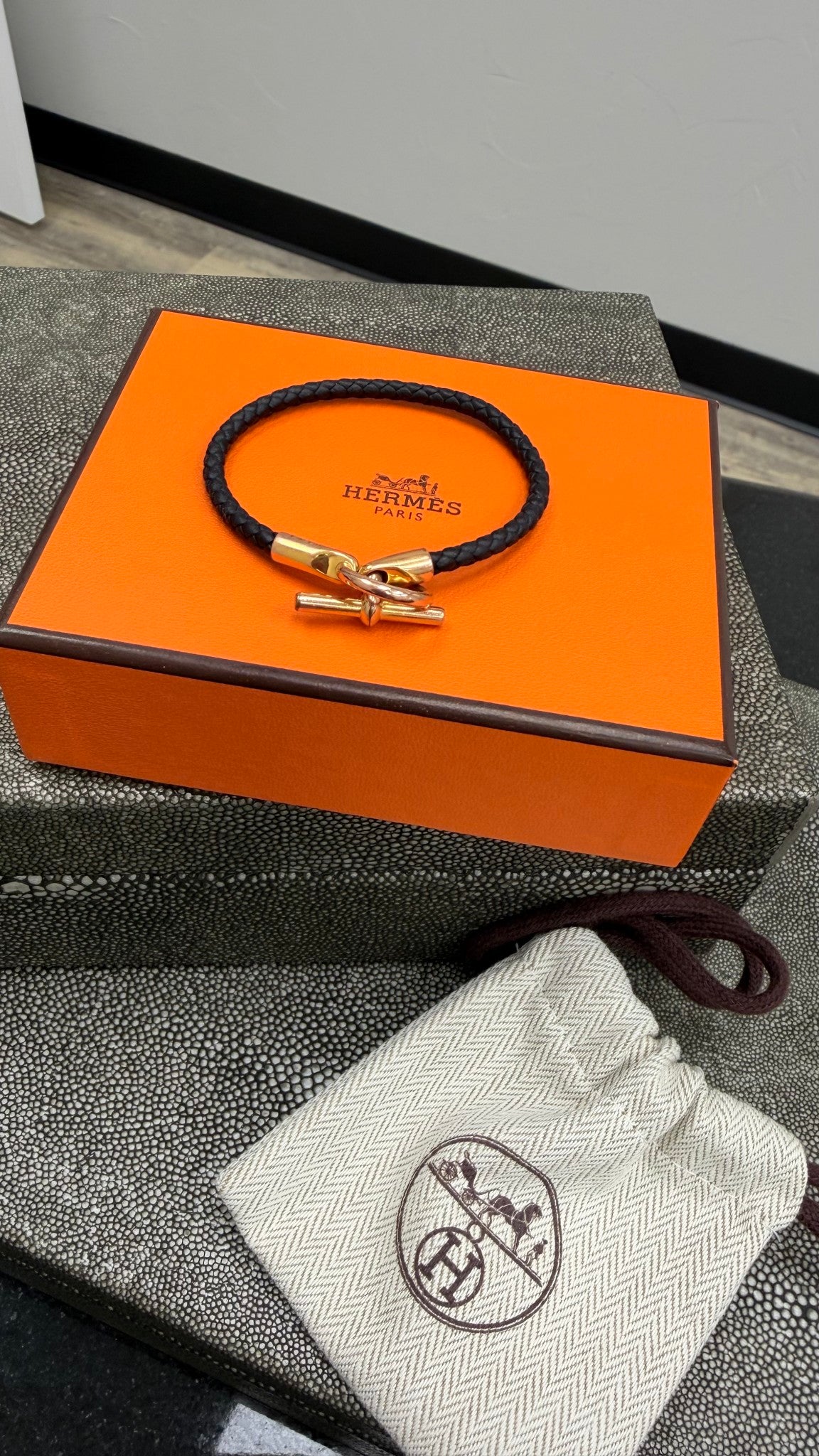 Hermes Black Braided Leather Gold Tone Glenan Bracelet