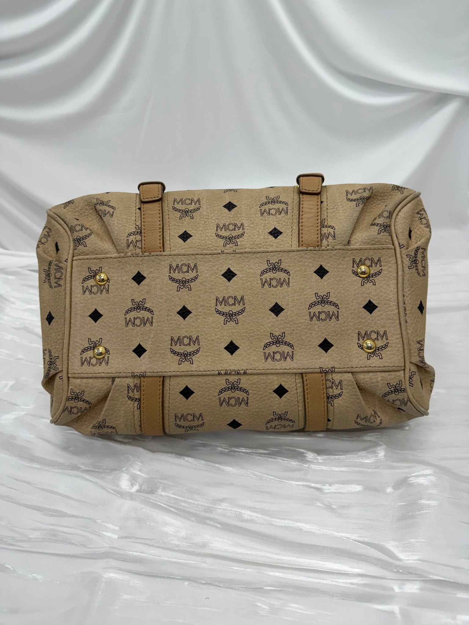 Mcm Cream Visetos Leather Boston Bag