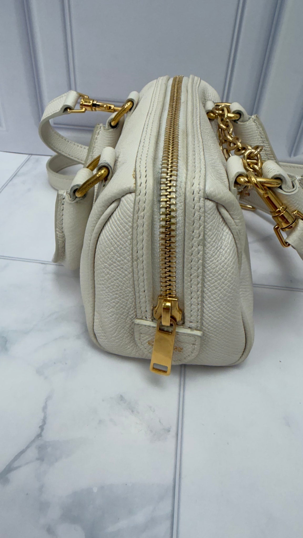 Celine White Grained Calfskin Mini Boston Bag