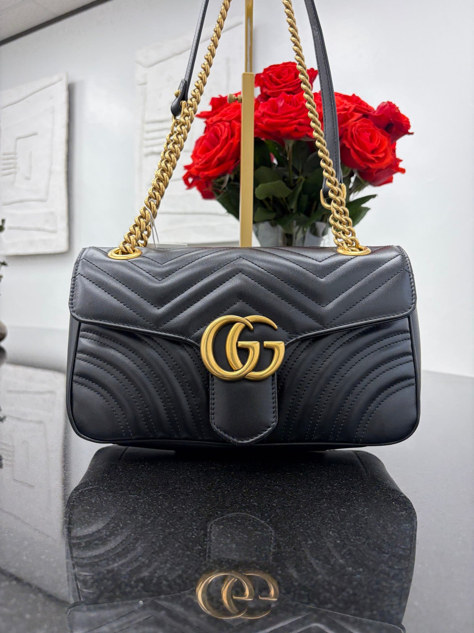 Gucci Black Black Quilted Leather GG Marmont Chain Shoulder Bag