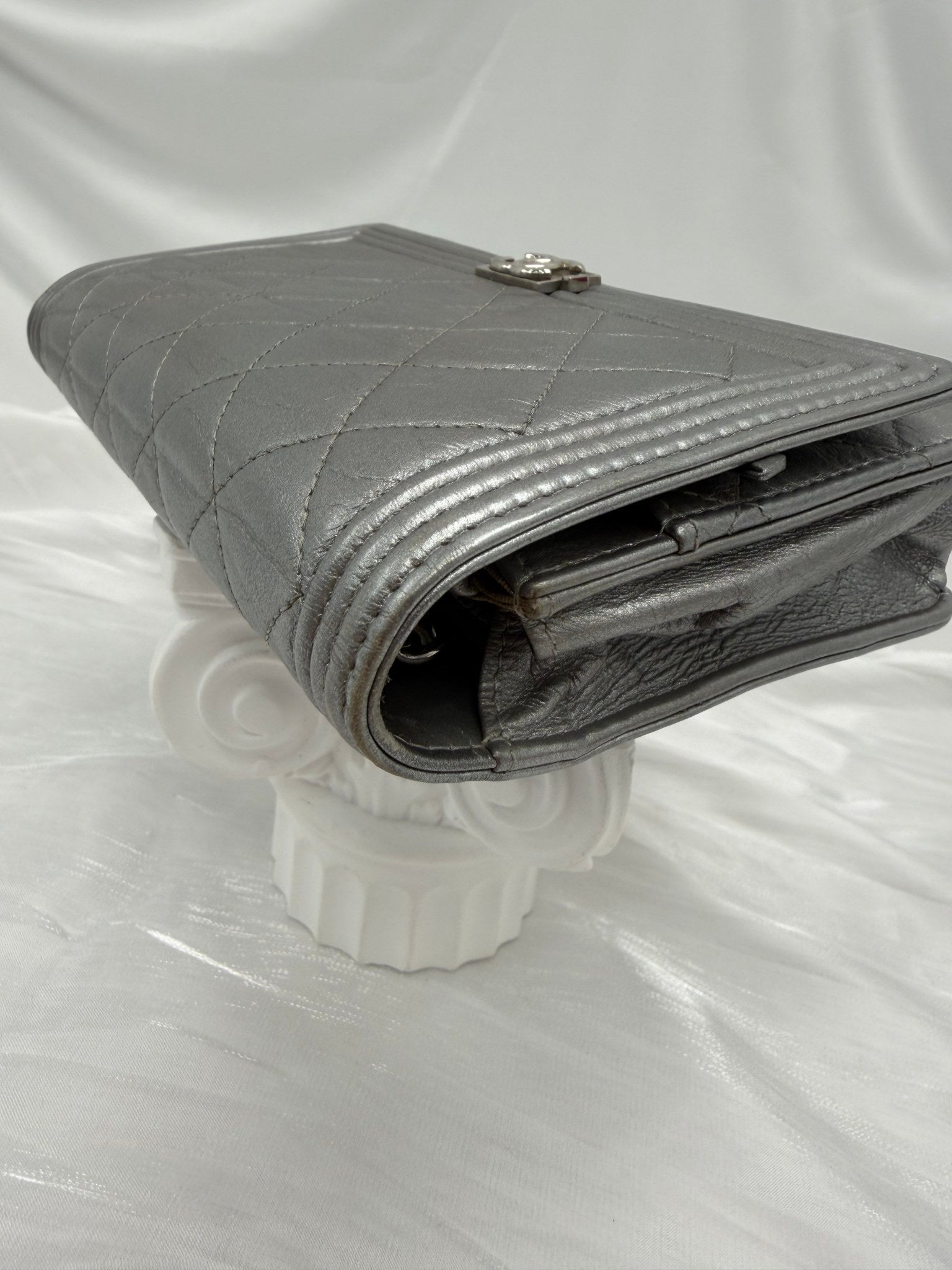 Chanel Silver Quilted Calfskin Boy Wallet on a Chain