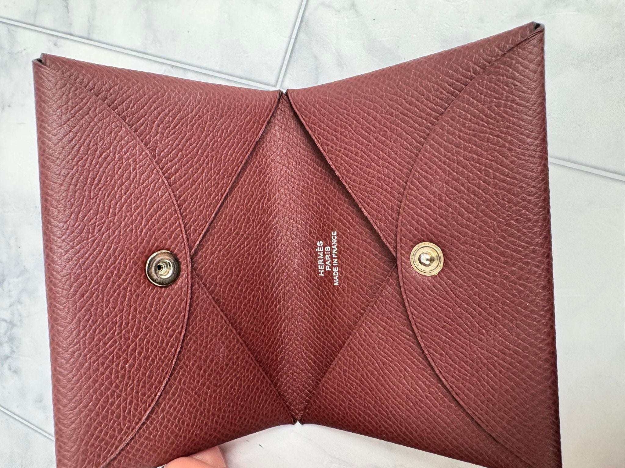 Hermes Burgundy Grained Leather Calvi Card Holder