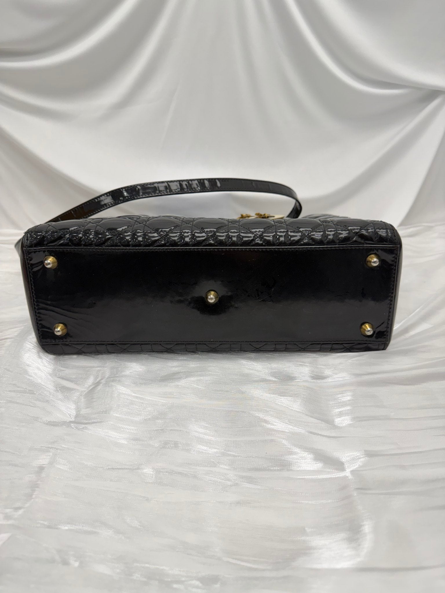 Christian Dior Vintage Black Patent Leather Cannage Large Lady Dior Handbag